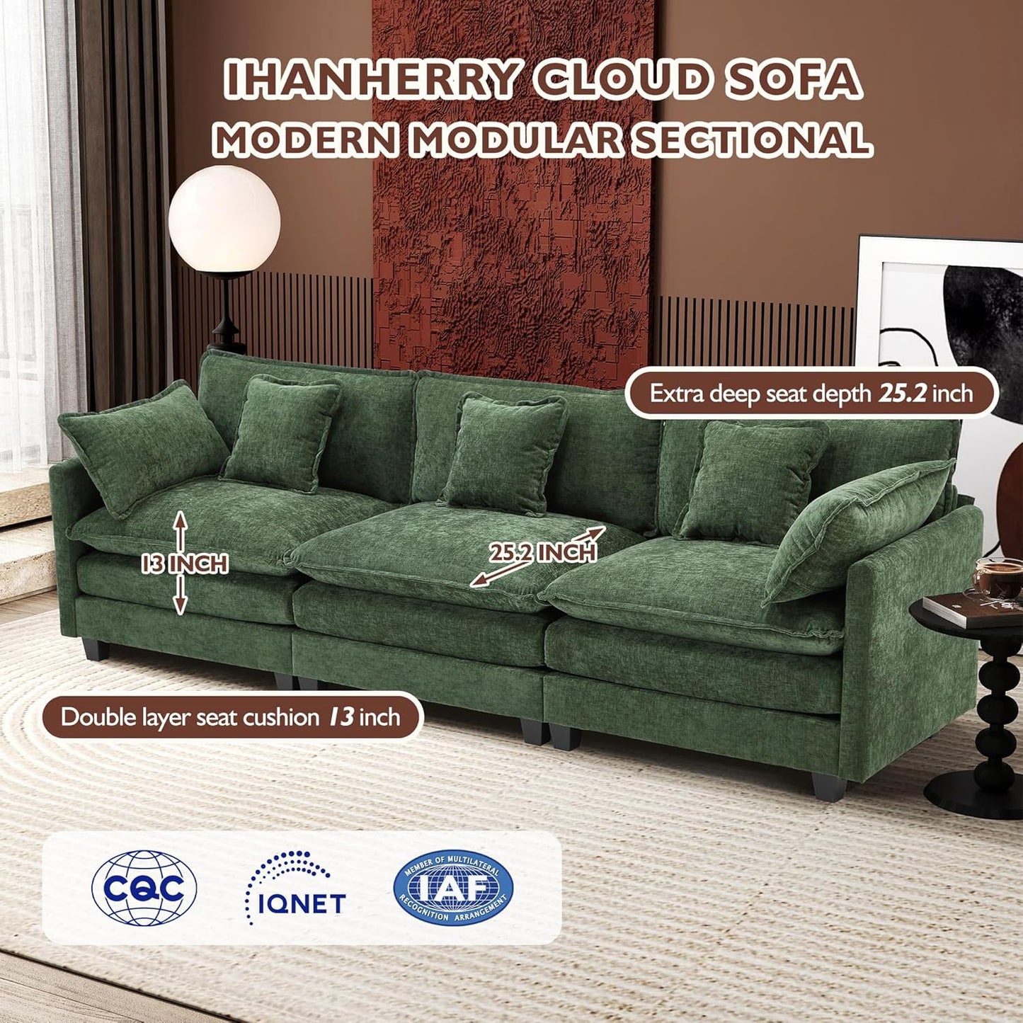111.4 Inch L-Shaped Modern Sofa Modular Cloud Sofa with Ottoman, 4-Seater Chenille Deep Seat Sofa with Pillows for Living Room, Bedroom and Apartment, Beige