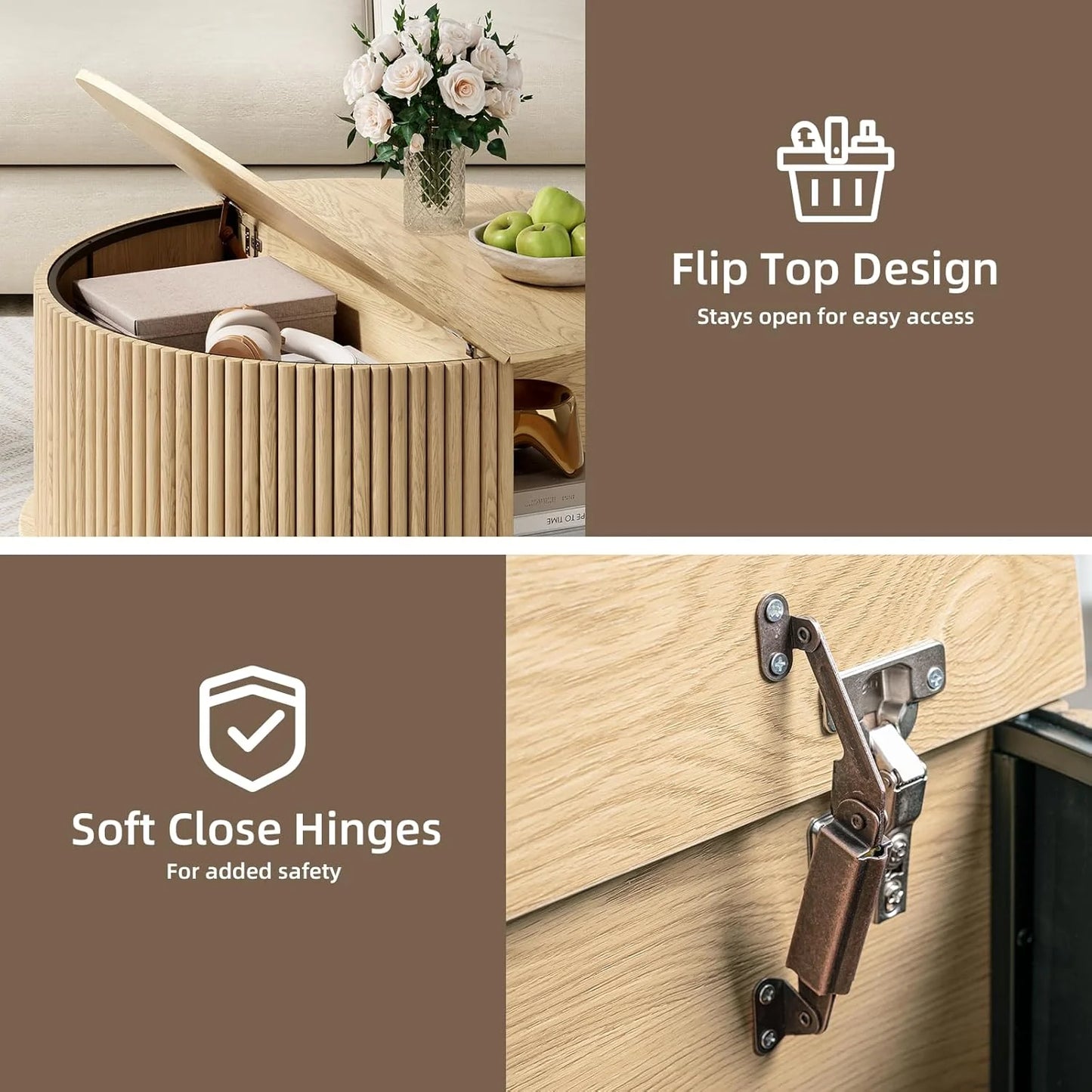 Round Coffee Table with Storage,Fluted Center Table with Sliding Cabinet Door for Living Room,Home Small Space,31.5" Small Center Table,Walnut