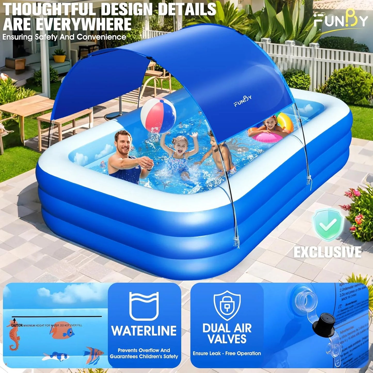 Inflatable Pool with Canopy,Upgraded Inflatable Swimming Pool for Kids,Adult,Large Inflatable Blow up Pools,Ocean Theme Oversized Thickened 105"x75"x25"Inflatable Family Pools for Backyard-Blue