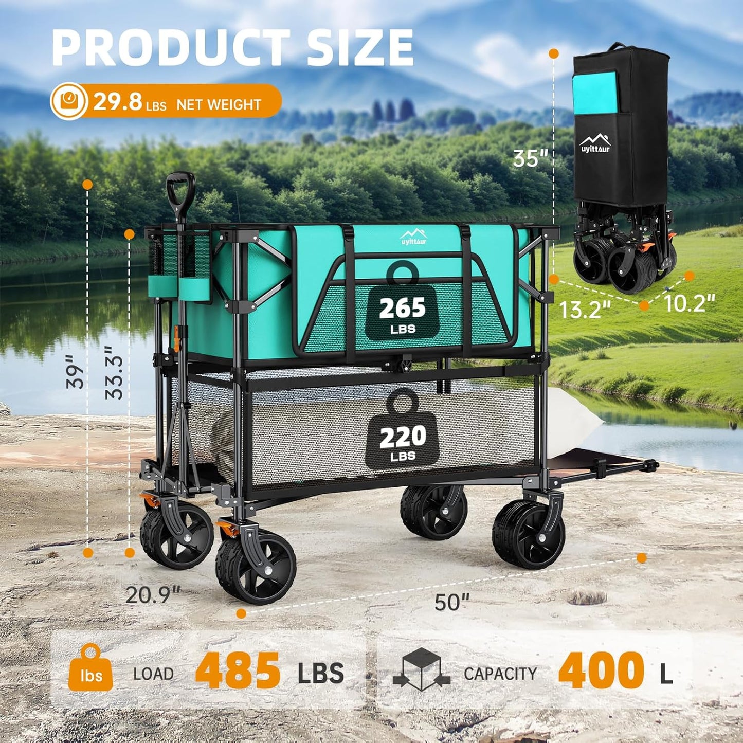 Foldable 50''L Extra Long Double Decker Wagon for Sport, 400L Collapsible Heavy Duty Wagon Cart with Big Wheels, Utility All-Terrain Large Extender Cart for Outdoors