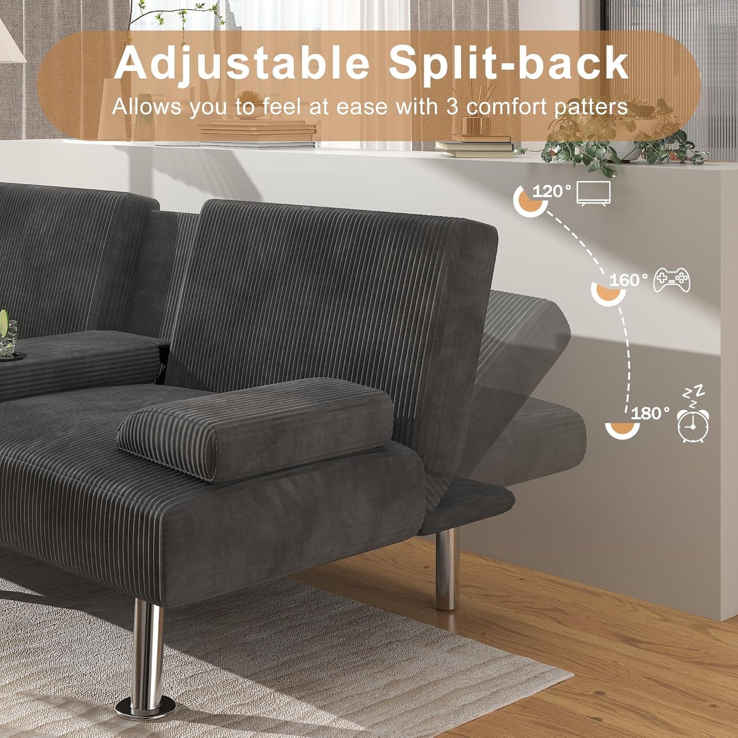 Shahoo Modern Linen Upholstered Convertible Folding Futon Sofa Bed with Removable Armrests, Metal Legs, 2 Cup Holders for Living Room