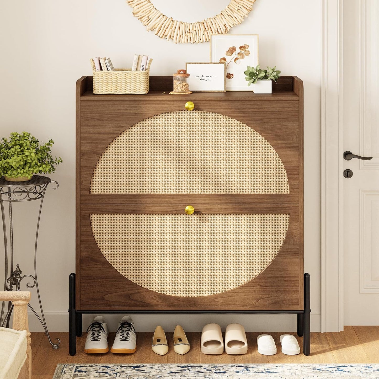 IRONCK Shoe Cabinet Storage with 2 Flip Drawers, Free Standing Wooden Shoe Storage Organizer Cabinet with Rattan Doors for Entryway, Narrow Shoe Rack Cabinet, Oak