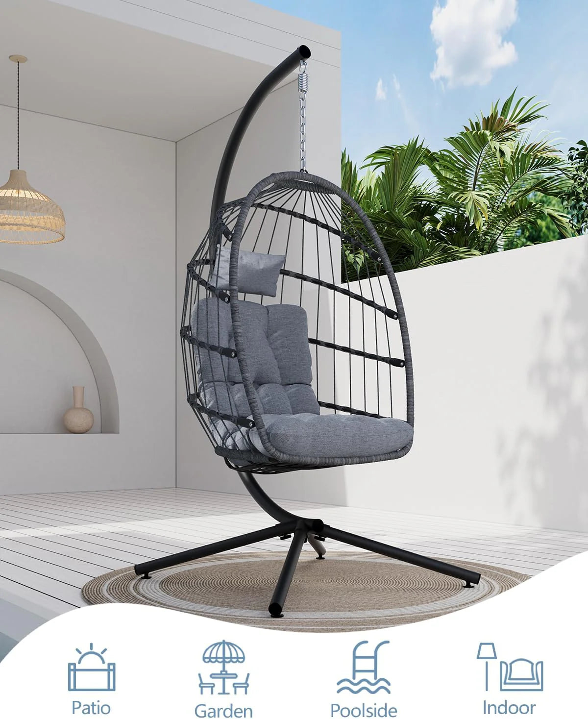 SWITTE Egg Chair Outdoor with Stand, Indoor Wicker Hanging Egg Swing Chair with Cushion, 350lbs Capacity for Patio, Bedroom
