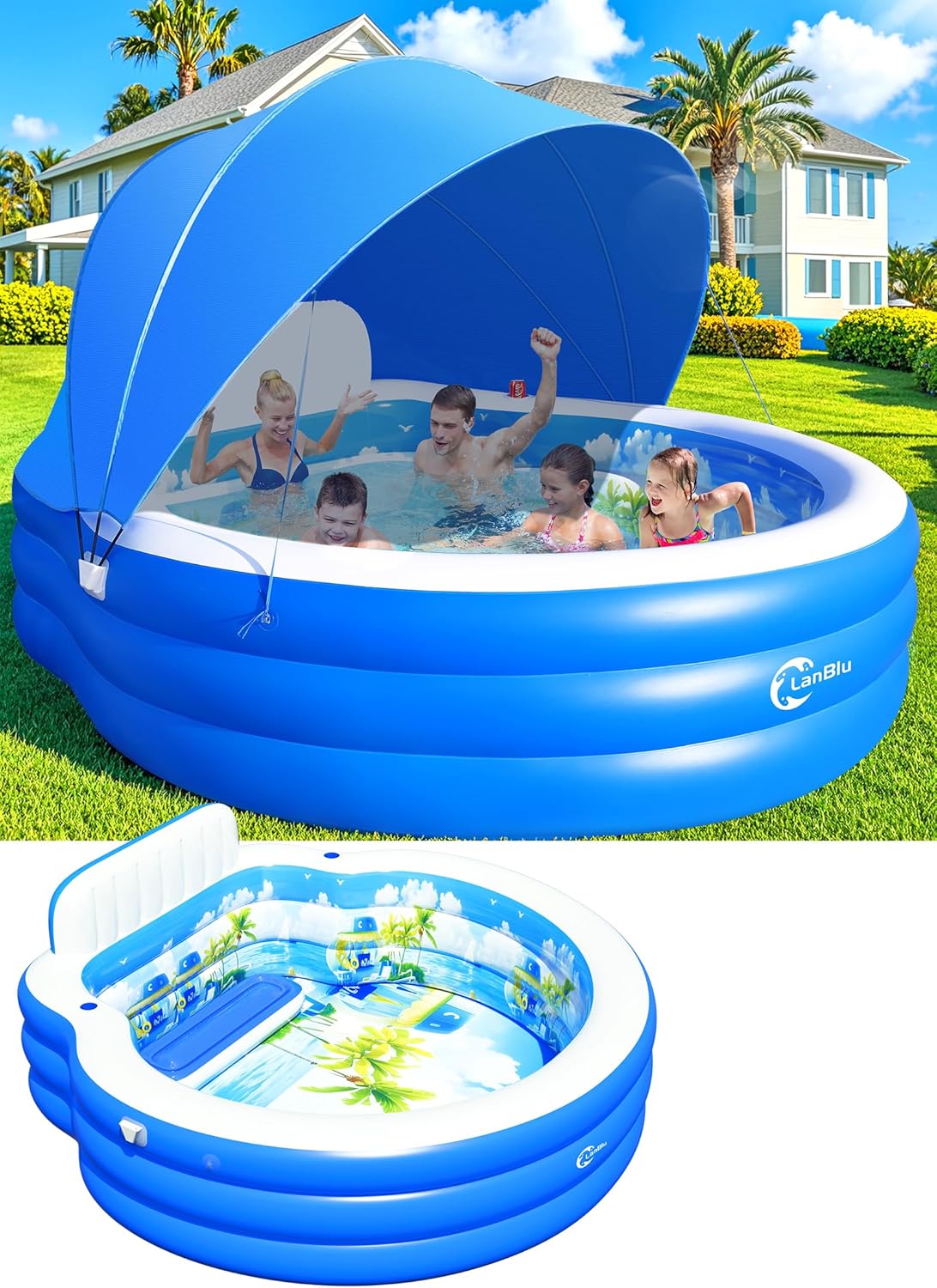 2025 Upgraded Inflatable Pool with Canopy, Inflatable Family Lounge Pool, Round Blow Up Pool for Adult with Bench & Backrest, Swim Center Easy Backyard Pools for Kids & Adults, 92"x92"x26", Blue