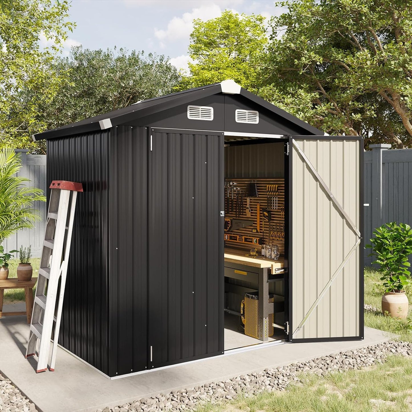 Aoxun 6.2x4 FT Shed Outdoor Storage Shed Metal Garden Shed with Lockable Doors & Slooping Roof Tool Shed Bike Shed for Backyard, Patio, Poolside (Brown)