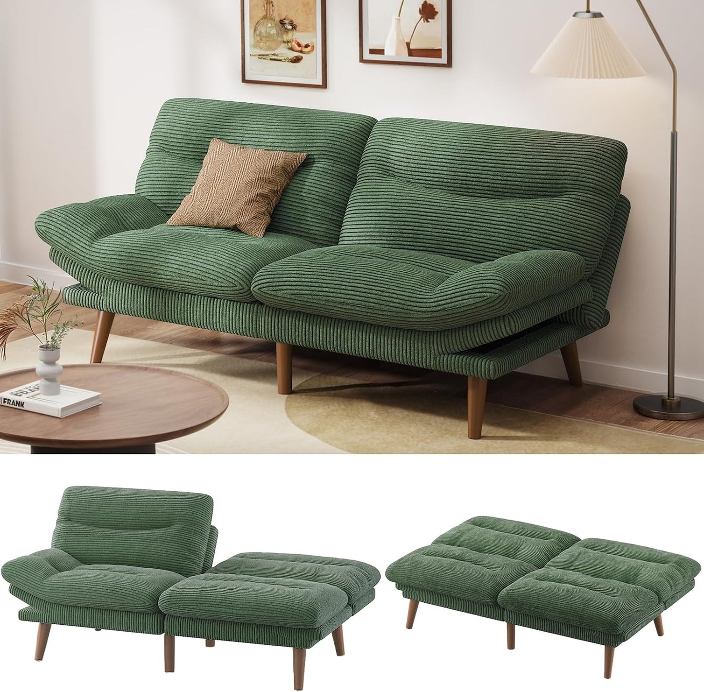 Convertible Futon Sofa Bed, 66 Inch Corduroy Futon Sofa Recliner Sofa Bed for Small Spaces, Playrooms or Offices