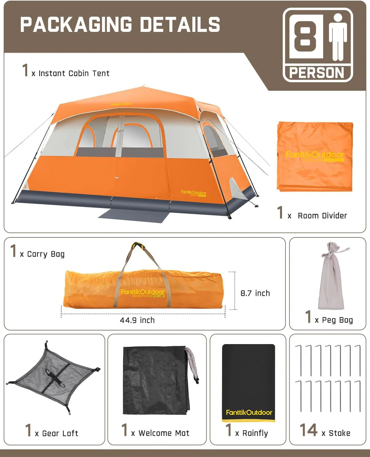 Portable camping tent for 4/6/8/10 people with instant cabin and rainproof and windproof