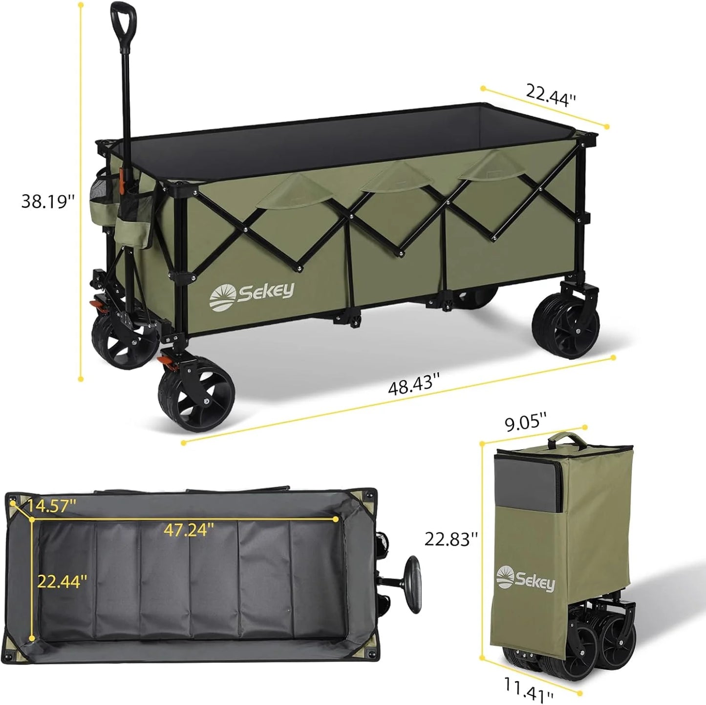 Sekey 48 Inch Long Foldable Extended Travel Cart, 440 Lbs Load Capacity, Heavy Duty 300 Liter Folding Multi-Purpose Garden Cart