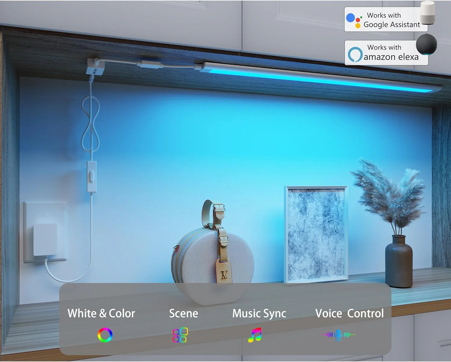 Smart under-cabinet lighting strip, white and color-changing dimmable