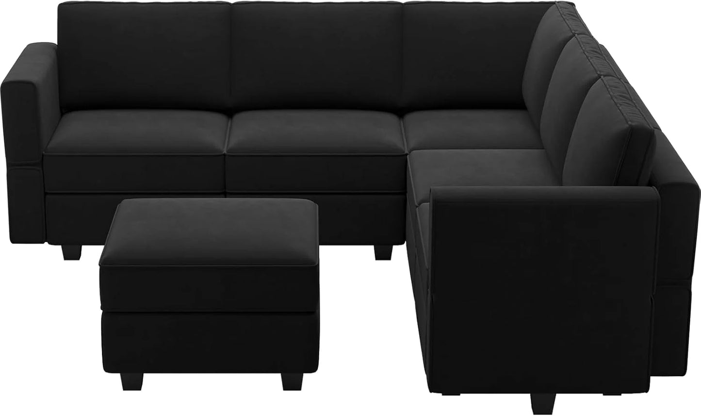 Belffin Modular Sectional Sofa with Ottomans Velvet Reversible Sleeper Chaise Bed Storage Seat Black