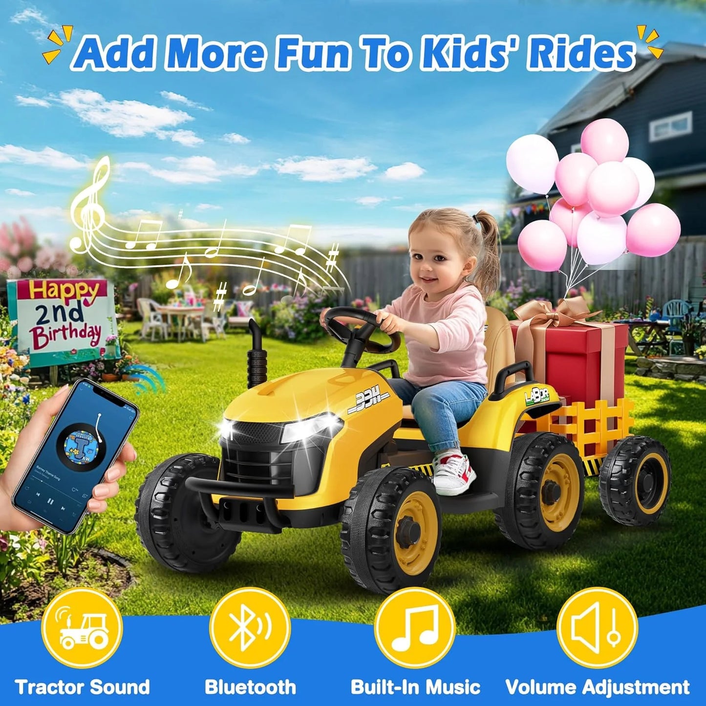 24V Ride On Tractor w/Tiltable & Detachable Trailer, 2x65W Motors, EVA Tires, Remote Control, Bluetooth, Shifter, Music, Electric Car for Kids, Green