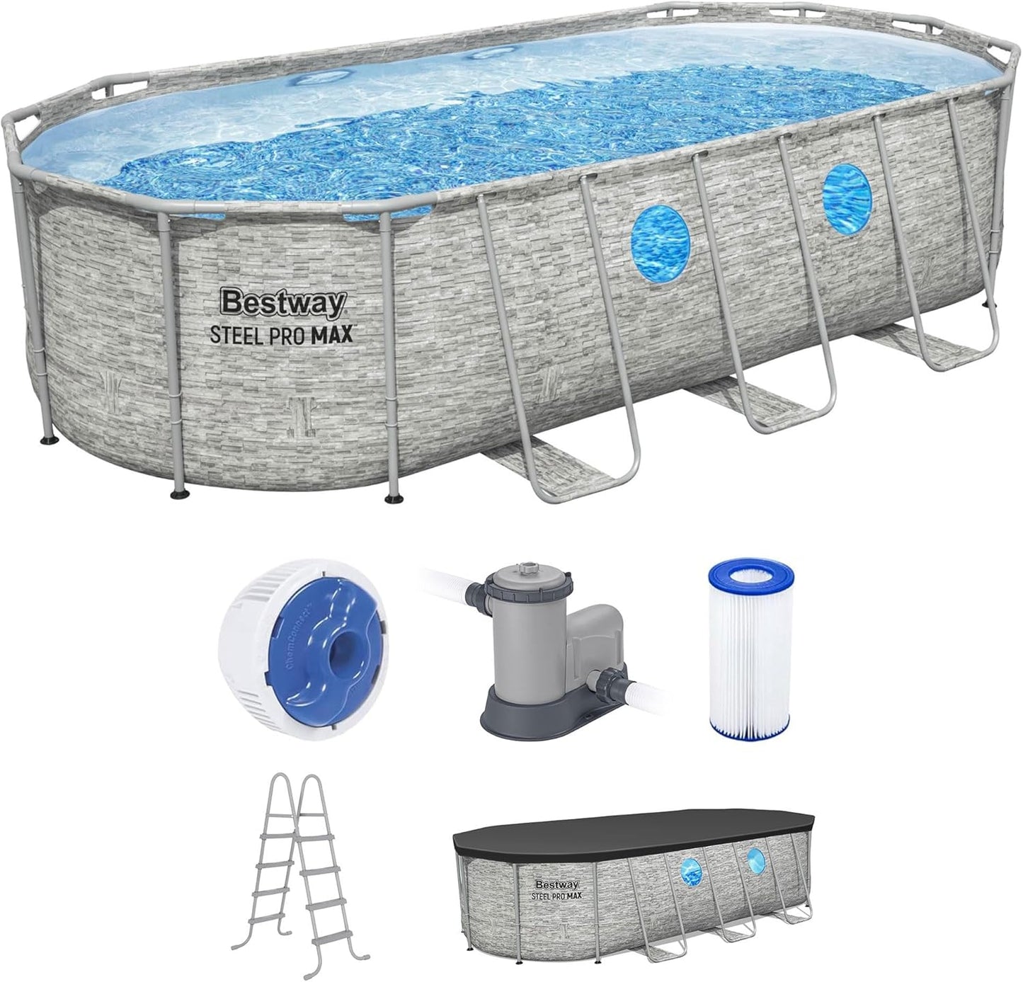 Power Steel Swim Vista Series II 14' x 8' 2" x 39.5" Above Ground Outdoor Swimming Pool Set with 530 GPH Filter Pump, Ladder, and Pool Cover