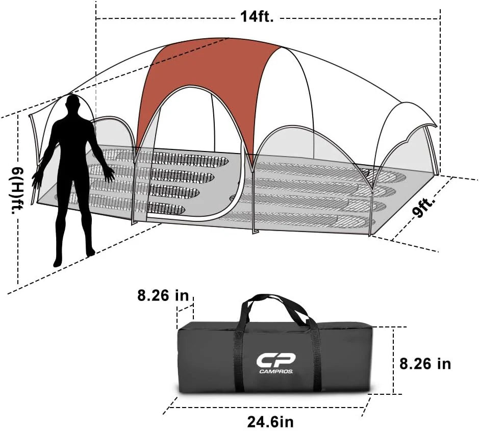 CAMPROS CP Tent 8 Person Camping Tents, Weather Resistant Family Tent, 5 Large Mesh Windows, Double Layer, Divided Curtain for Separated Room, Portable with Carry Bag