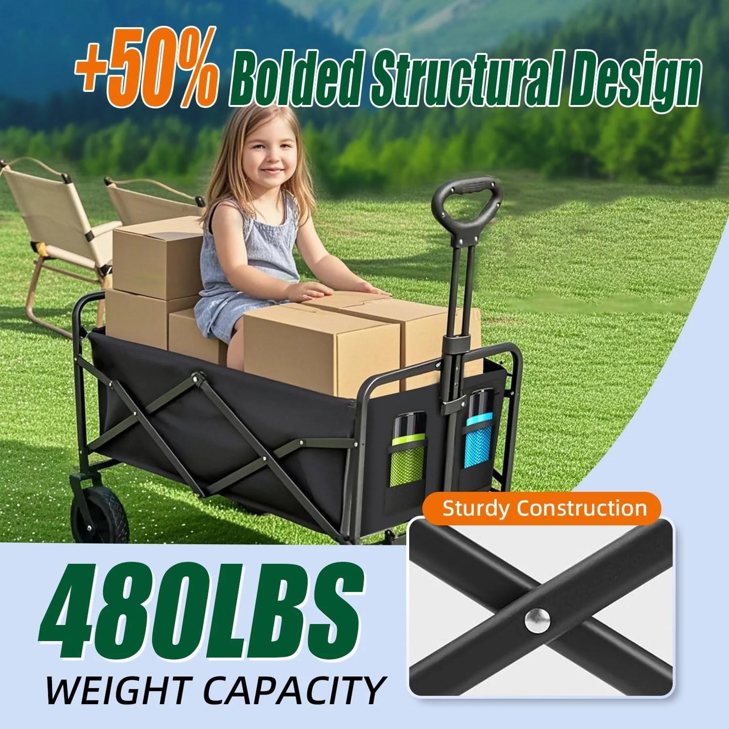 Foldable 4-wheel cart, foldable, 37 inches long, 480 lb capacity, heavy-duty beach cart, shopping cart with wheels