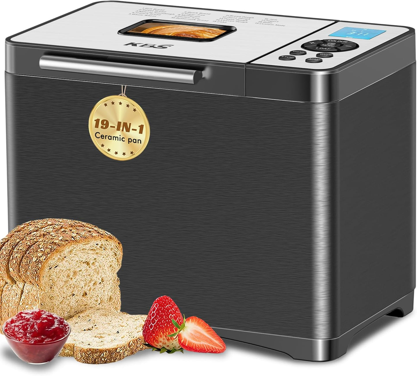 KBS 2LB Bread Maker, 19-in-1 Automatic Stainless Steel Bread Maker with Ceramic Pot, 650W Bread Maker, 3 Loaf Sizes