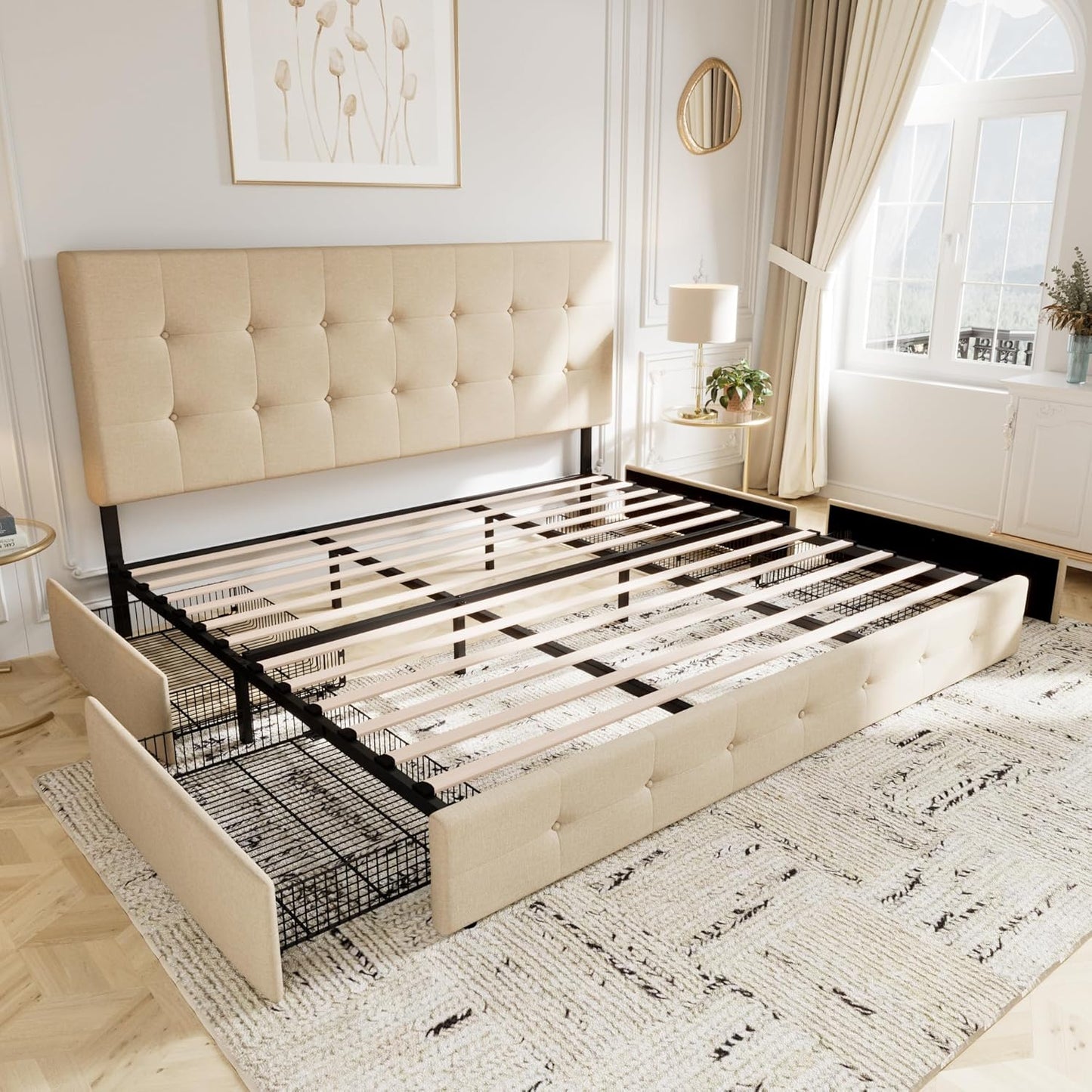 Allewie Upholstered Queen Size Platform Bed Frame with 4 Storage Drawers and Headboard, Square Stitched Button Tufted, Mattress Foundation with Wooden Slats Support, No Box Spring Needed