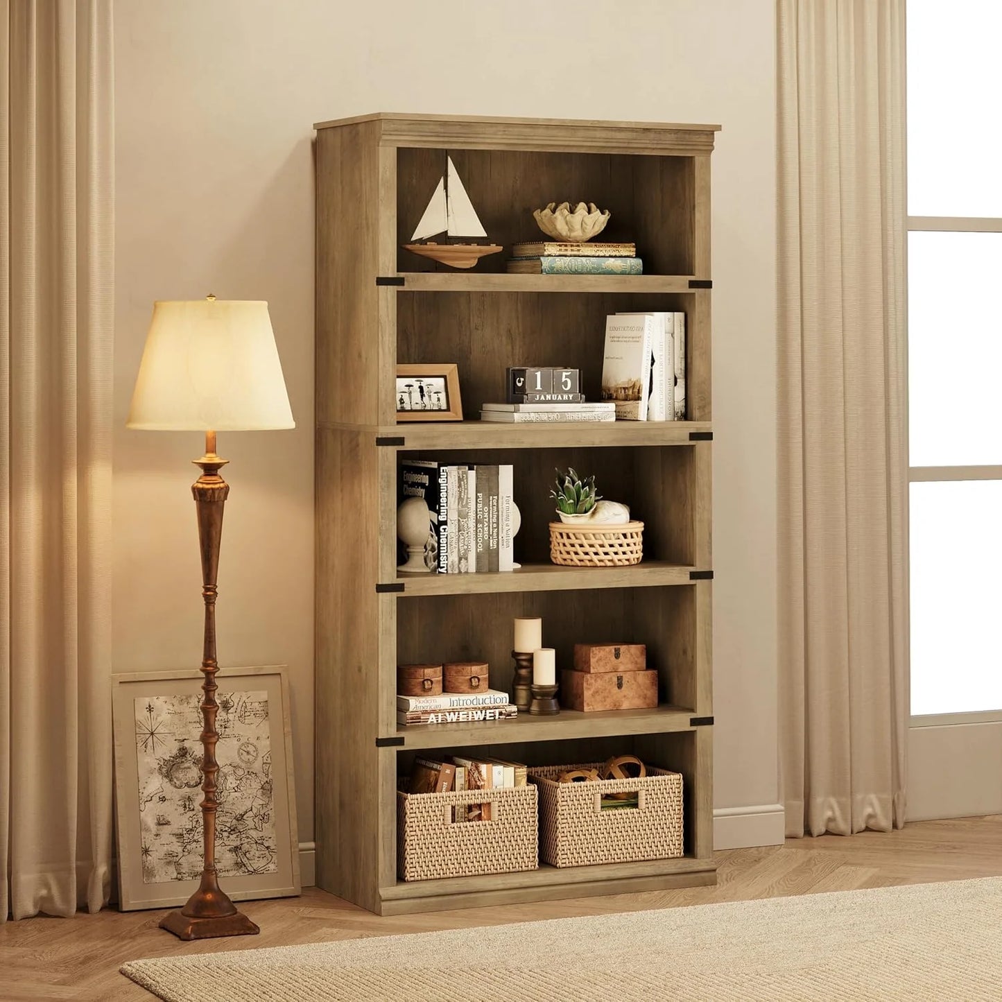 5 Tier Bookcase Farmhouse Book Shelf with Storage Open Display Bookshelves
