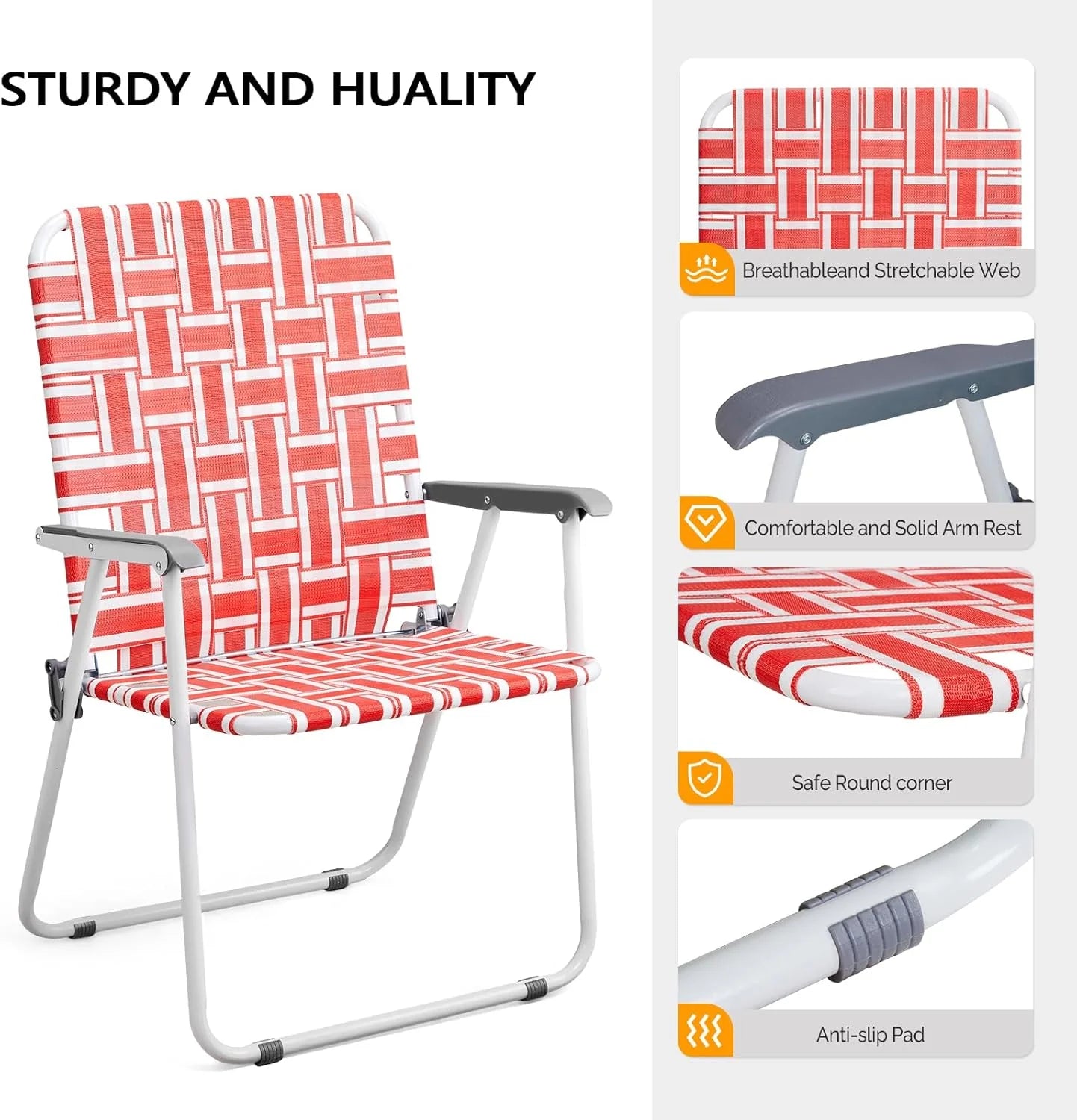 VINGLI Patio Lawn Webbed Folding Chairs Set of 2, Outdoor Beach Portable Lawn Chair Camping Chair Beach Chair