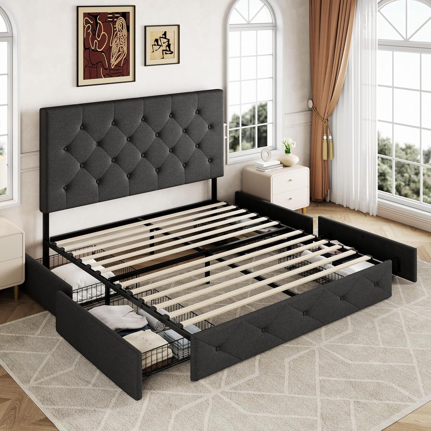 Allewie Upholstered Queen Size Platform Bed Frame with 4 Storage Drawers and Headboard, Square Stitched Button Tufted, Mattress Foundation with Wooden Slats Support, No Box Spring Needed