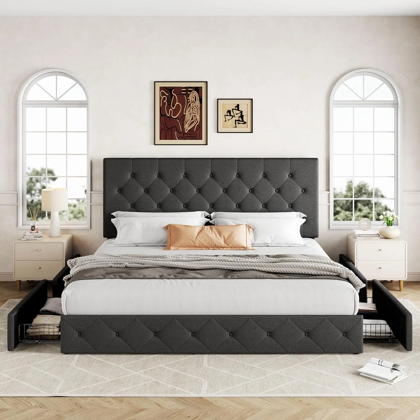 Allewie Upholstered Queen Size Platform Bed Frame with 4 Storage Drawers and Headboard, Square Stitched Button Tufted, Mattress Foundation with Wooden Slats Support, No Box Spring Needed