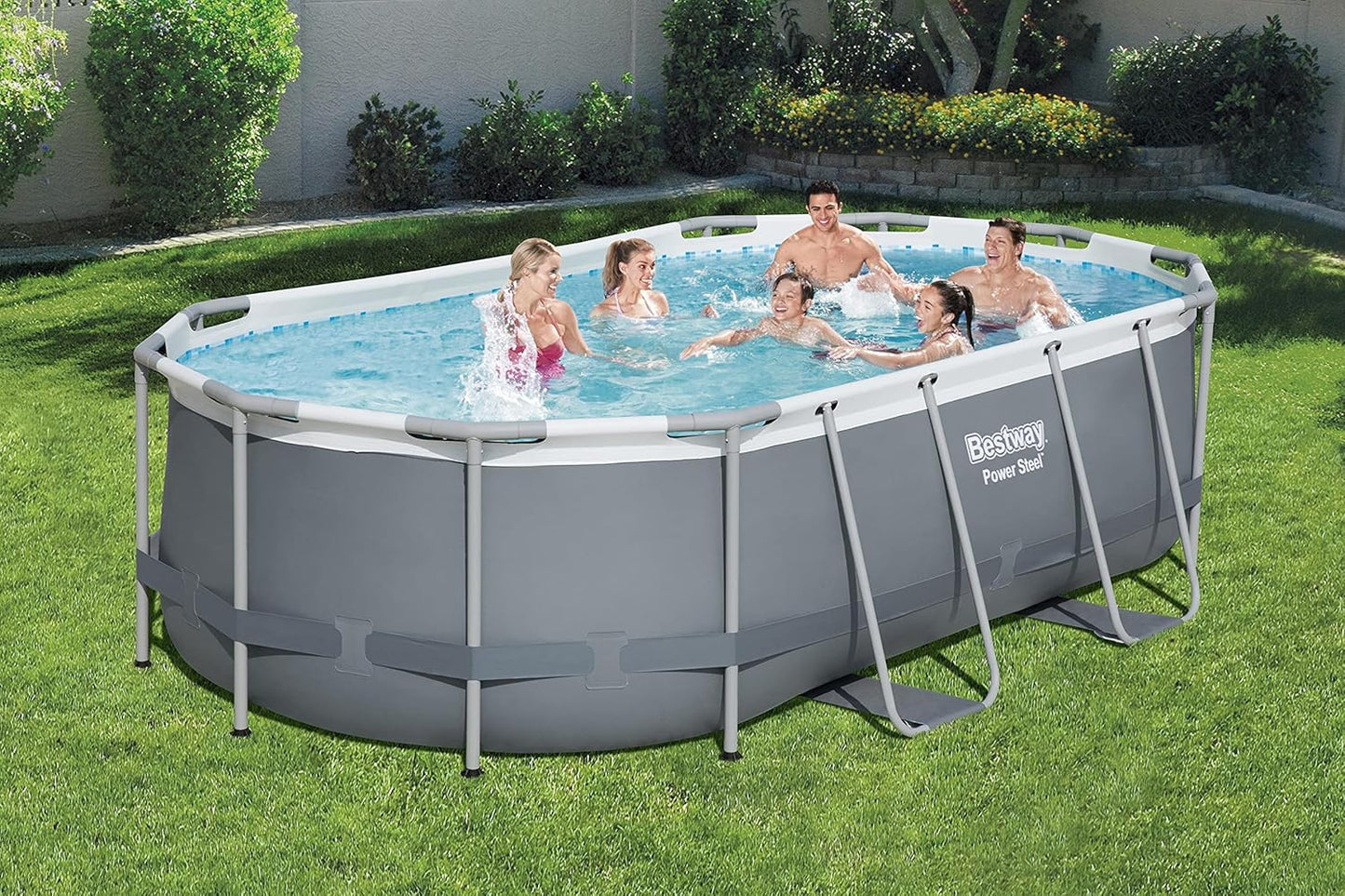 Power Steel 14' x 8'2" x 39.5" Oval Above Ground Pool Set | Includes 530gal Filter Pump, Ladder, ChemConnect Dispener