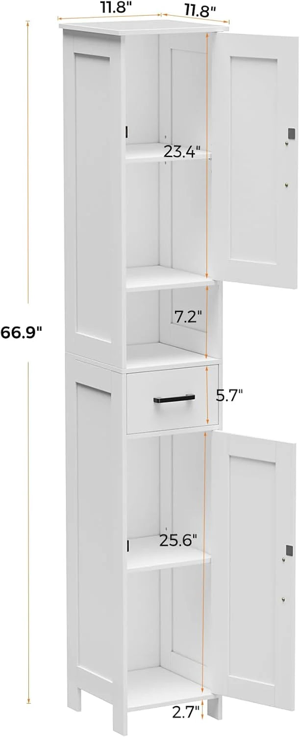 Homhedy 67" H Tall Bathroom Storage Cabinet with 2 Barn Doors and 1 Drawer, Narrow Storage Unit, Adjustable Shelves, Floor Cabinet for Bathroom, Living Room, Entryway, Kitchen, White, (15.7" W)