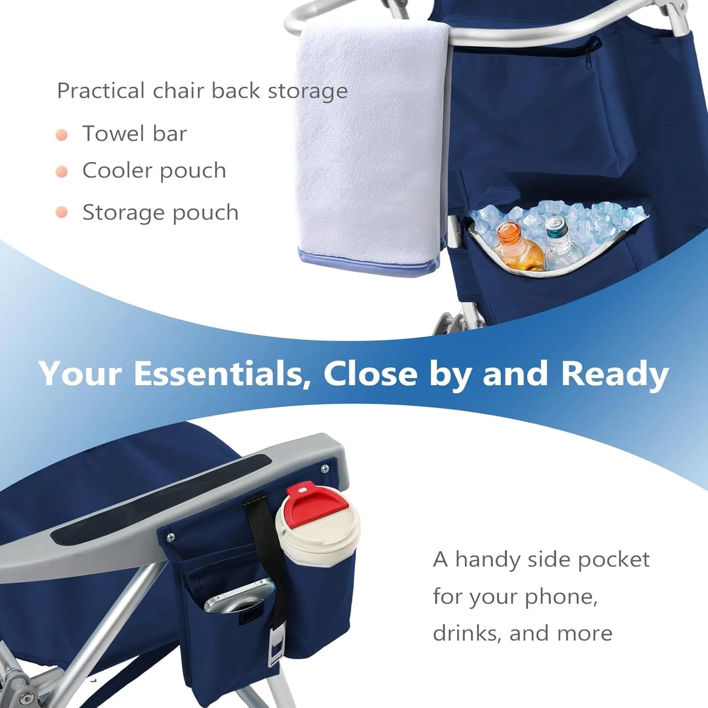 5-Position Aluminum Lay Flat Tall Backpack Beach Chairs 2 Pack Compact Portable Beach Chairs for Adults with Cooler Pouch, Storage Pouch, Towel Bar, Cup Holder & Phone Holder, Blue Stripe