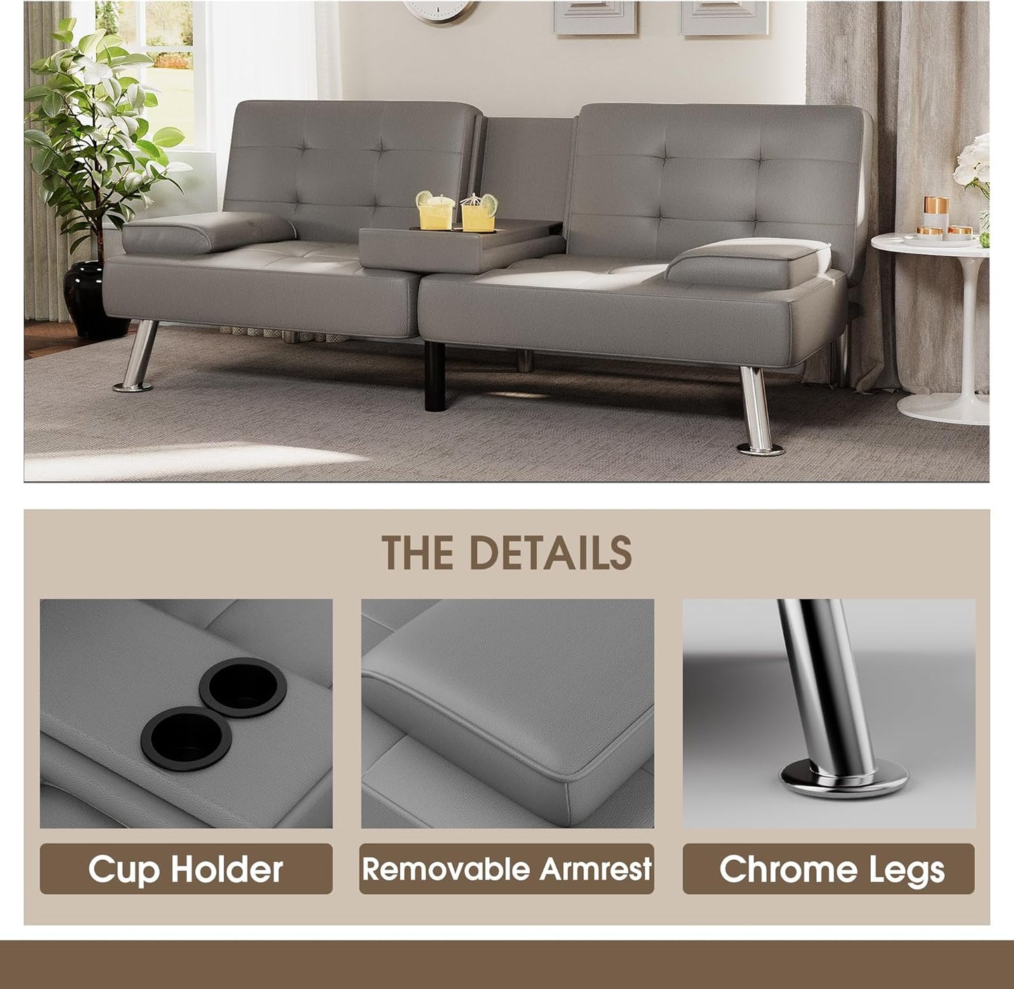 Flamaker Futon Sofa Bed Modern Folding Futon Set Convertible Recliner Lounge for Living Room with 2 Cup Holders, Removable Armrests (PU Leather, Black)