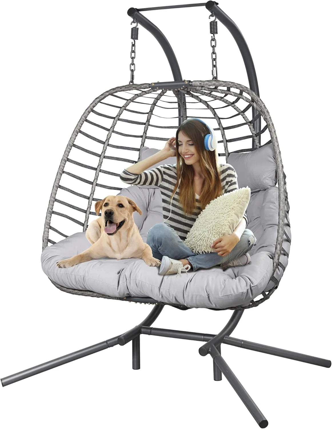 HWB Hanging Egg Chair with Stand, Patio Wicker Hammock Egg Swing Chair with Cushion for Bedroom Garden Indoor Outdoor (Beige)