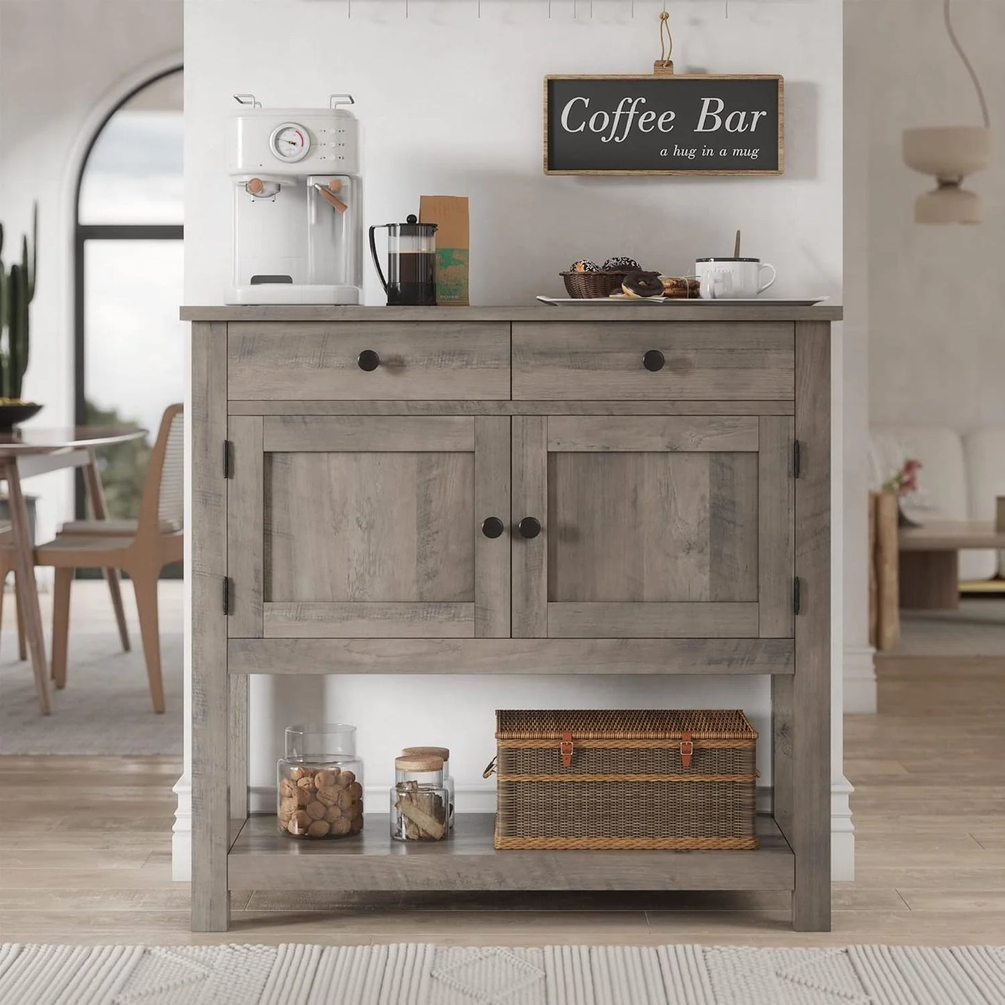 Farmhouse style console table coffee bar, entry table with storage rack, sofa table buffet sideboard
