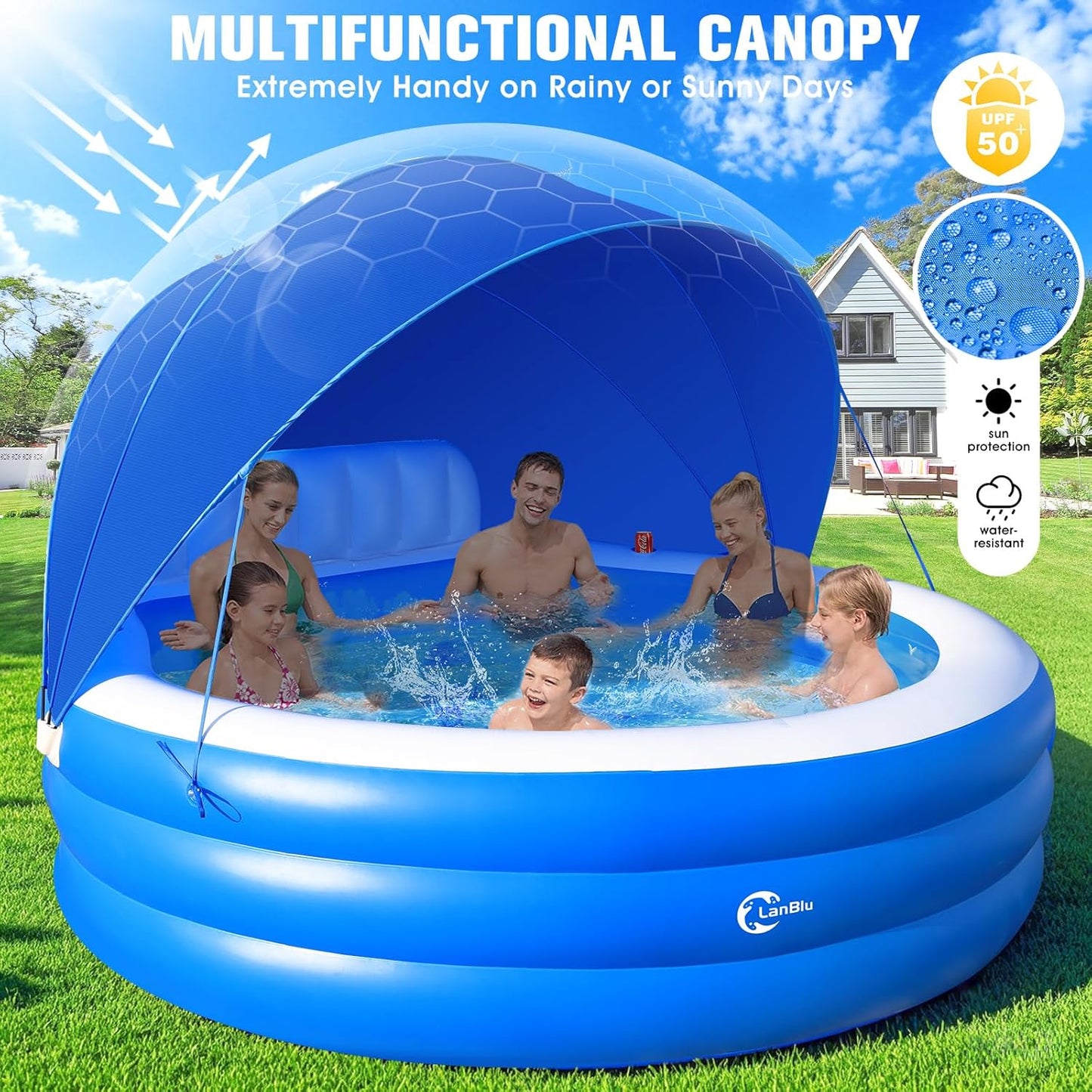 2025 Upgraded Inflatable Pool with Canopy, Inflatable Family Lounge Pool, Round Blow Up Pool for Adult with Bench & Backrest, Swim Center Easy Backyard Pools for Kids & Adults, 92"x92"x26", Blue