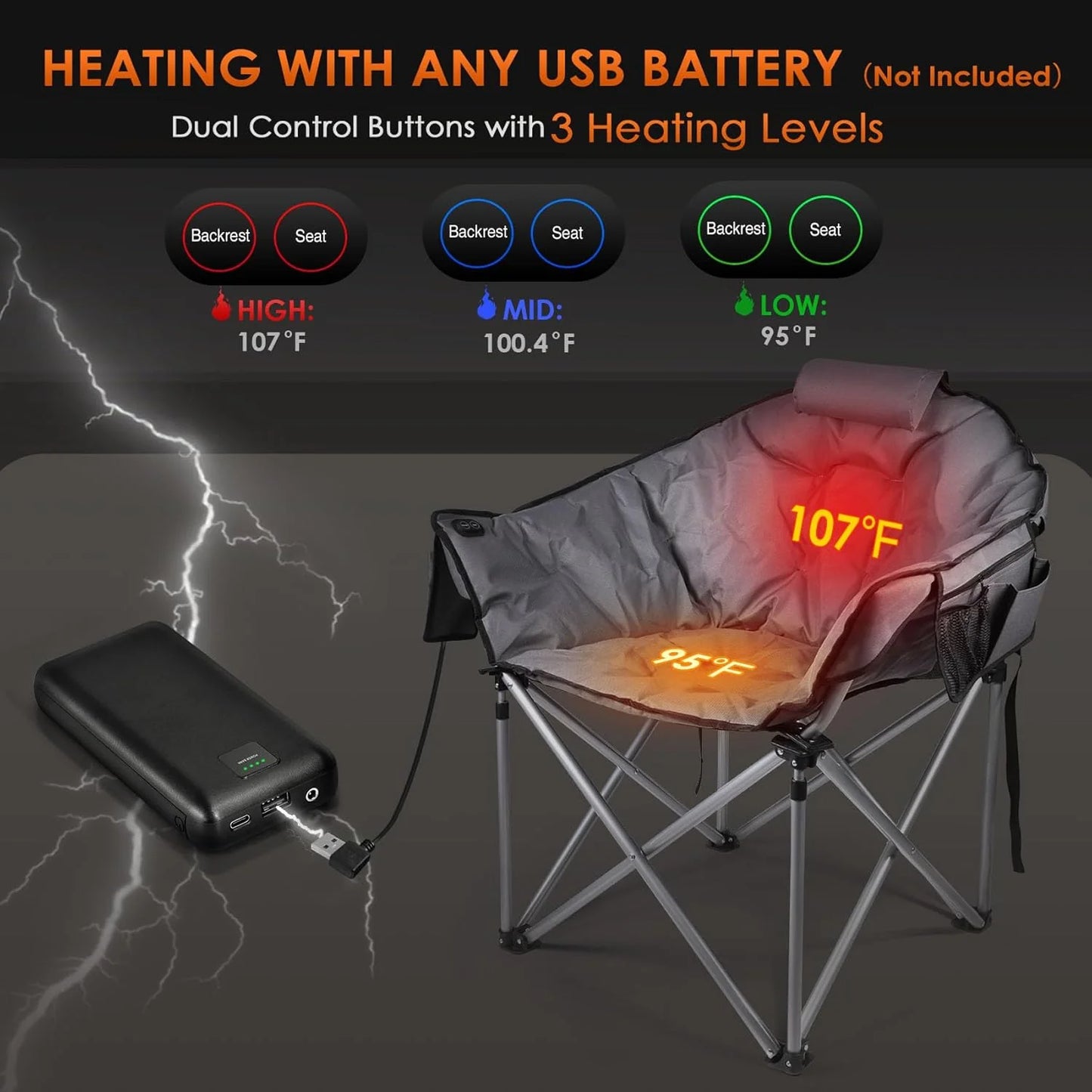 Heated Camping Chair, Extra Large Heated Chair Outdoor Sports Chair with 3 Heat Levels on Back and Seat, Portable Folding Heated Outdoor Chair (Batteries Not Included)