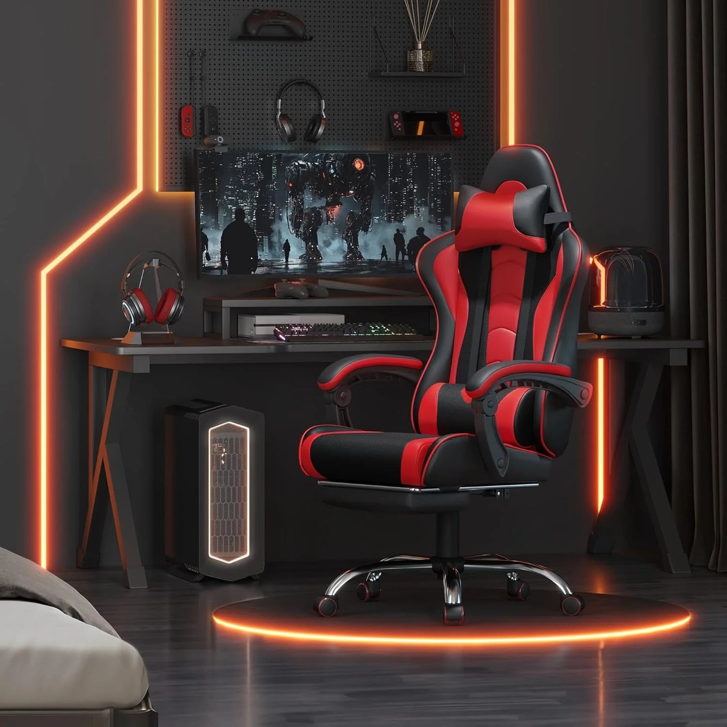 Gaming Chair with Massage Lumbar Support and Footrest Height Office Gaming Chair