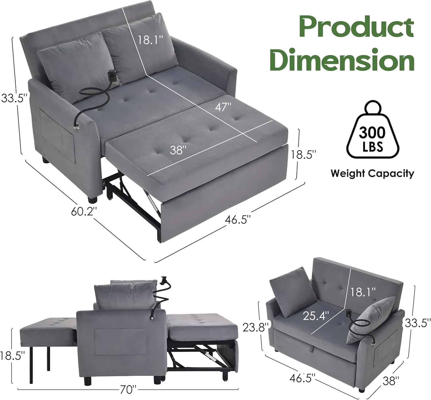 Sleeper Sofa Bed, 3 in 1 Convertible Sleeper Couch Bed Pull Out, Small Loveseat Sofa, Futon Sofa Bed Full Size, 46" Velvet Love Seat