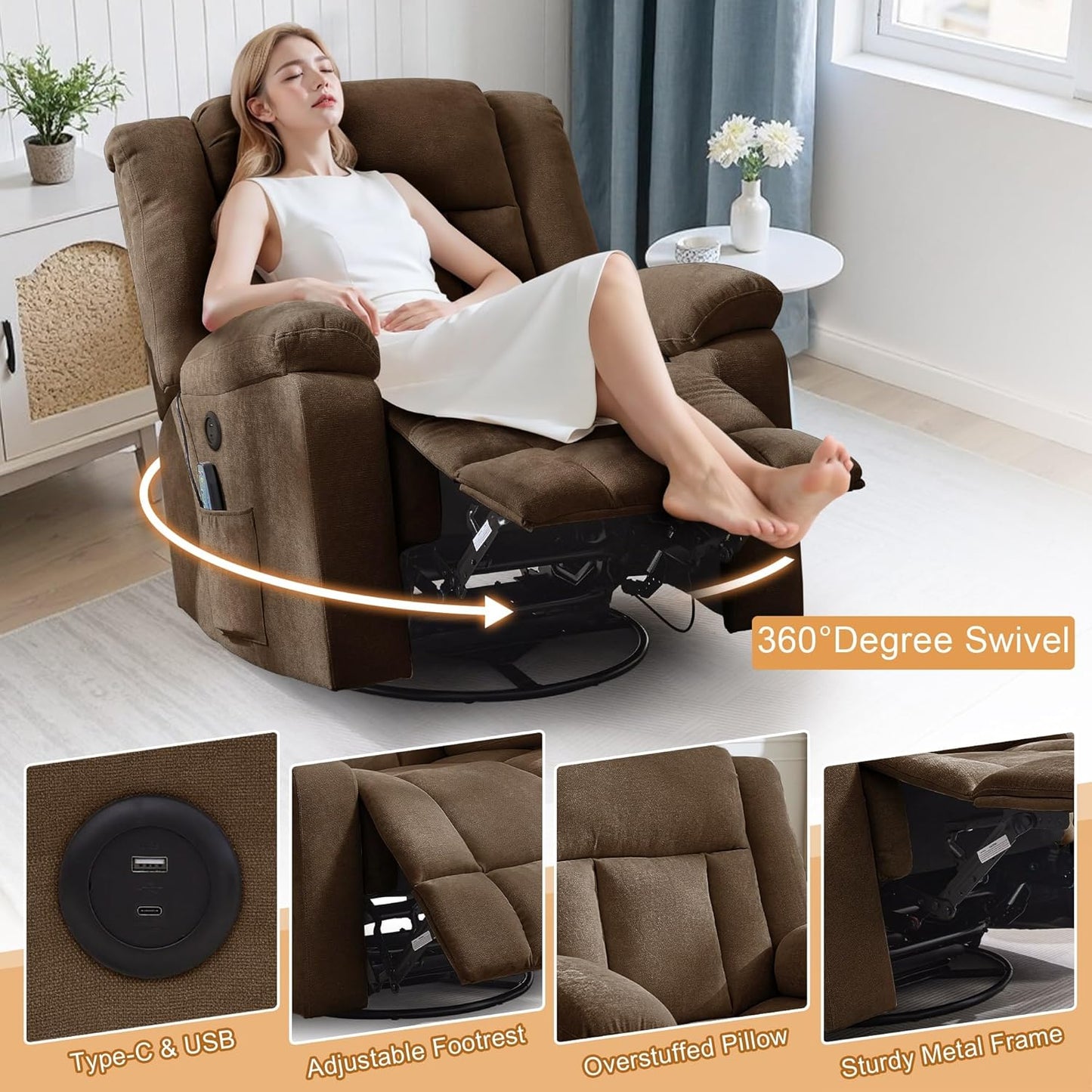 Adult rocking chair, gliding recliner, 360° rotating rocking chair with massage and heating function