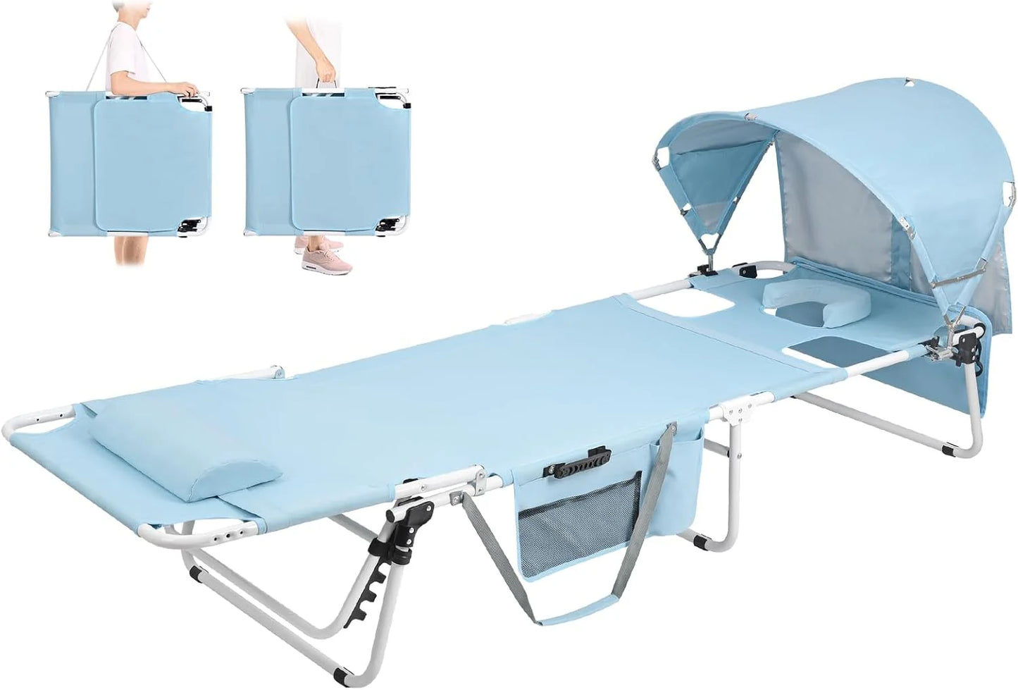 Tanning Chair with Sun Canopy Face Hole, Heavy Duty Folding Chaise Lounge Chair 5 Position Reclining for Adults Outside Reading Sunbathing Poolside Camping Beach, UPF 50+ Sun Shade, 300 LBS