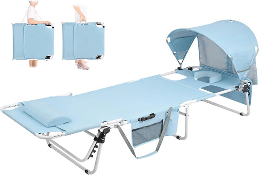 Tanning Chair with Sun Canopy Face Hole, Heavy Duty Folding Chaise Lounge Chair 5 Position Reclining for Adults Outside Reading Sunbathing Poolside Camping Beach, UPF 50+ Sun Shade, 300 LBS