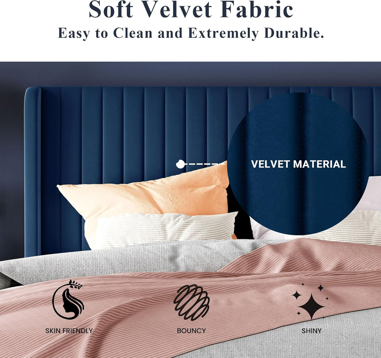 Allewie Full Size Velvet Bed Frame/Vertical Channel Tufted Wingback Headboard/Upholstered Platform Bed/Strong Wooden Slats/No Box Spring Needed/Easy Assembly/White