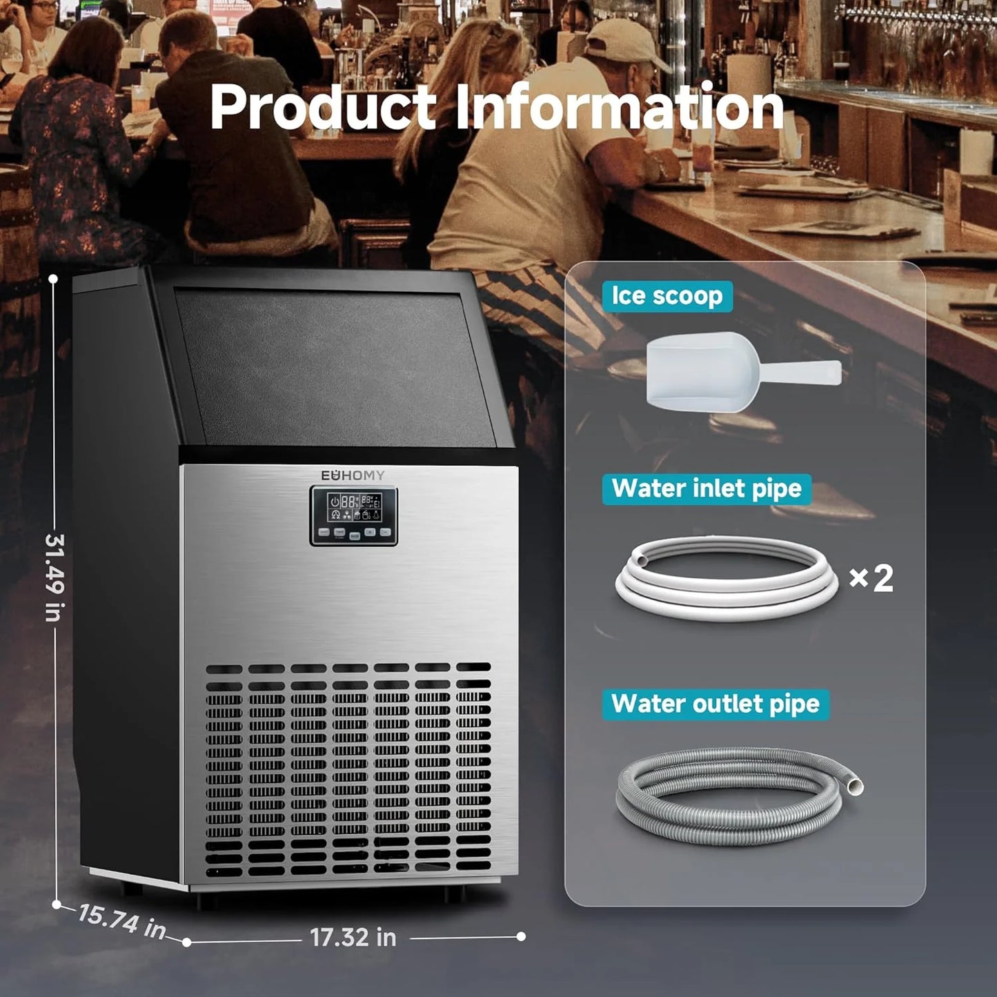 EUHOMY Commercial Ice Maker Machine, 100lbs/24H Stainless Steel Under Counter ice Machine with 33lbs Ice Storage Capacity, Freestanding Ice Maker.