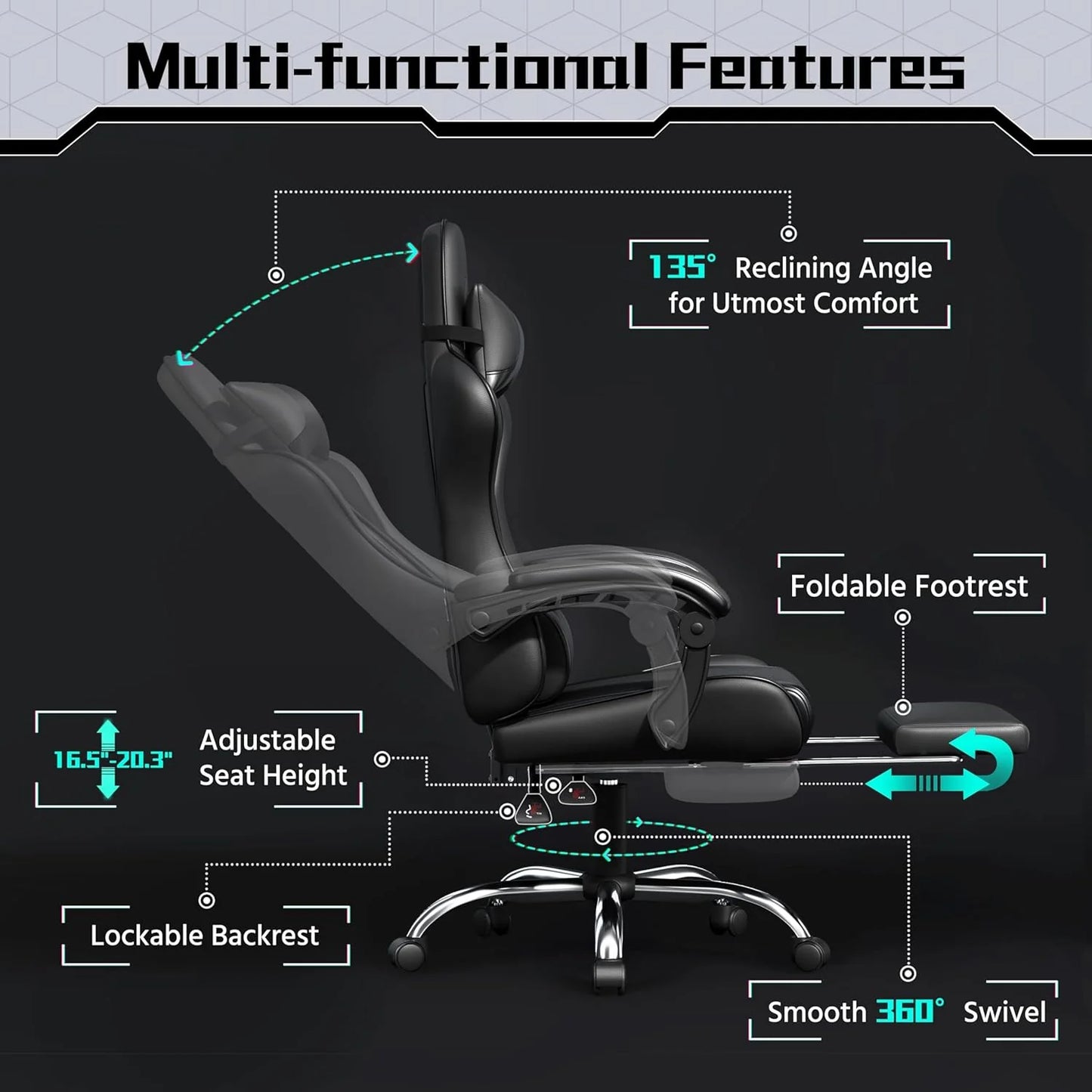 Gaming Chair with Massage Lumbar Support and Footrest Height Office Gaming Chair