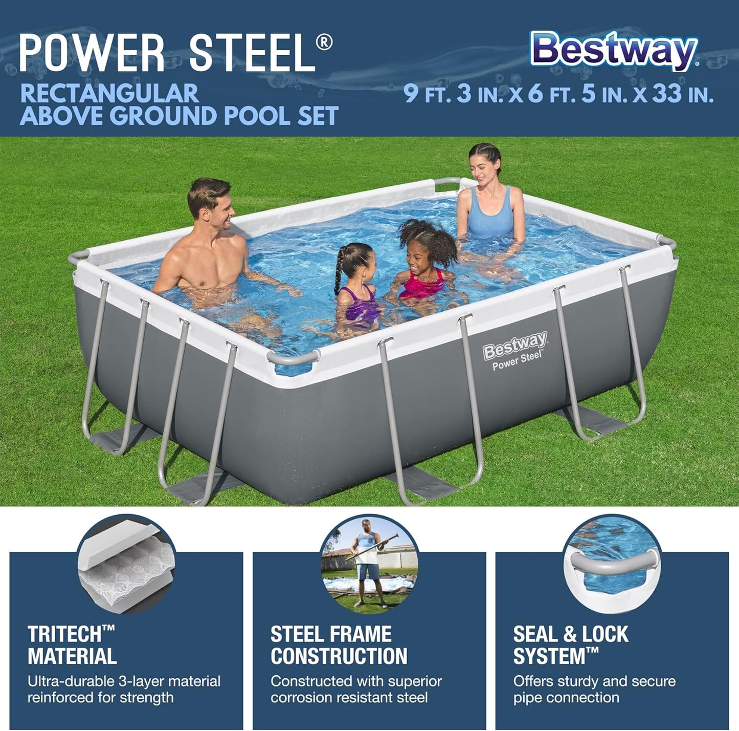 Power Steel 14' x 8'2" x 39.5" Oval Above Ground Pool Set | Includes 530gal Filter Pump, Ladder, ChemConnect Dispener