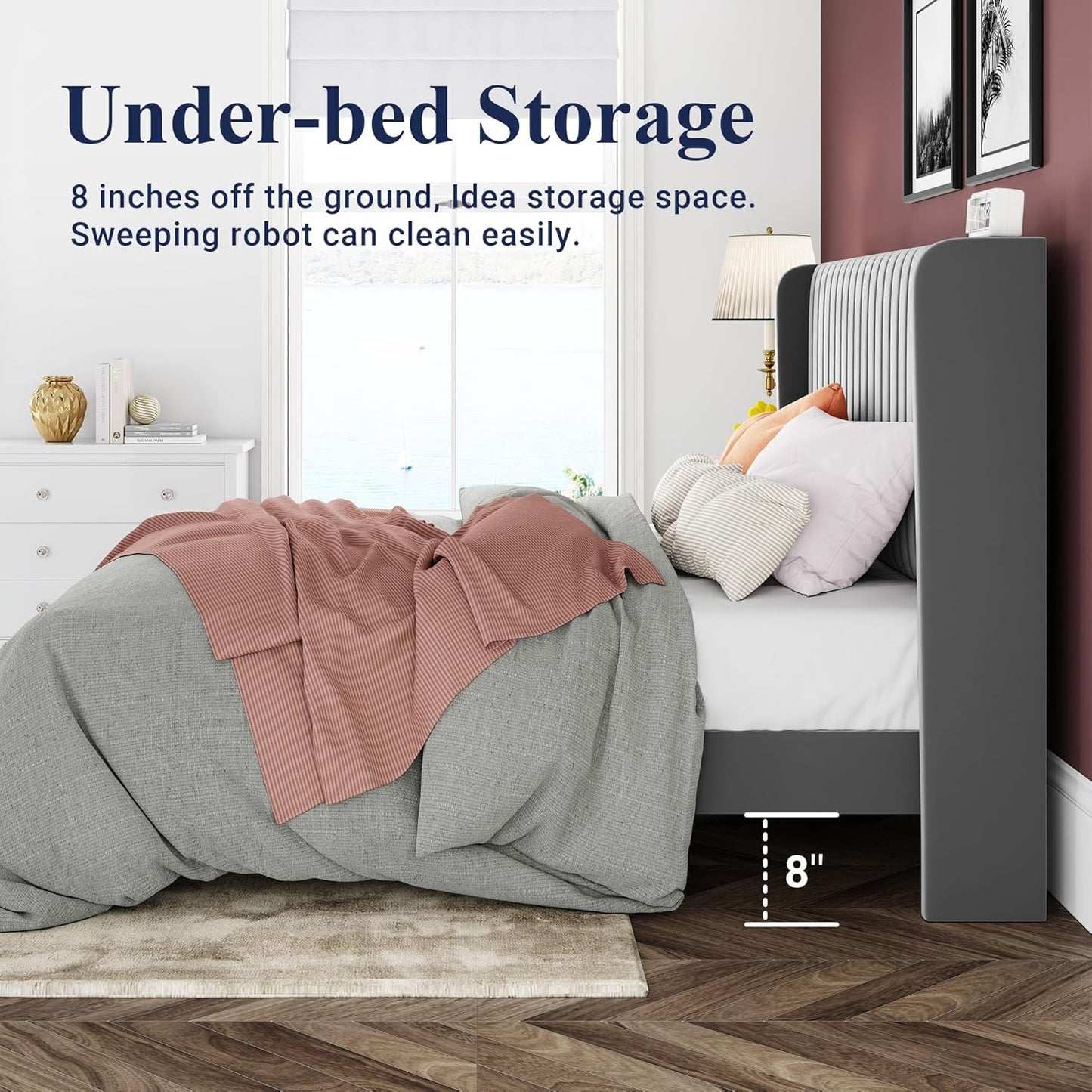 Allewie Full Size Velvet Bed Frame/Vertical Channel Tufted Wingback Headboard/Upholstered Platform Bed/Strong Wooden Slats/No Box Spring Needed/Easy Assembly/White