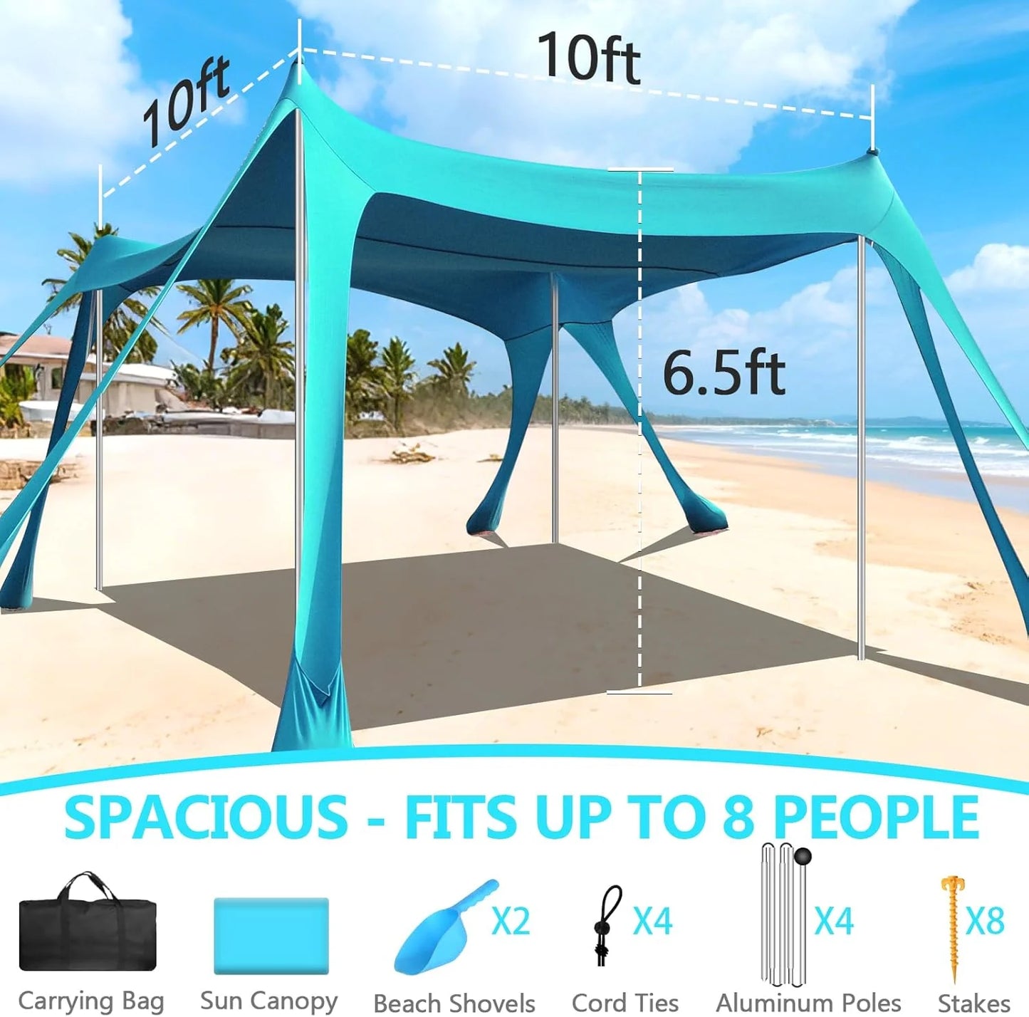 Beach Tent Sun Shelter, 10 x 10 FT Beach Canopy Tent Sun Shade Heavy Duty, UPF50+ Beach Tent Canopy with 8 Sandbags & 4 Stability Poles, Outdoor Beach Shade Canopy for Camping and Fishing, Blue