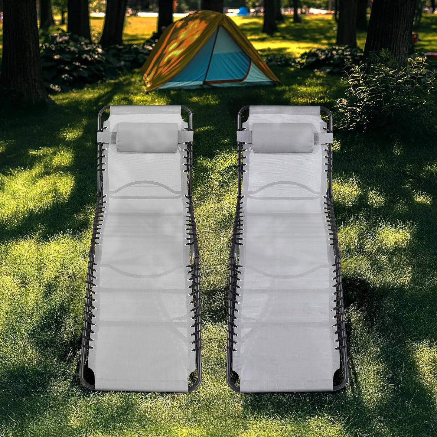 Unovivy Outdoor Chaise Lounge Chairs Set of 2, Portable Folding Pool Lounge Chair with 5-Position Reclining Back, Teslin Tanning Chair for Pool, Beach, Patio, Sunbathing