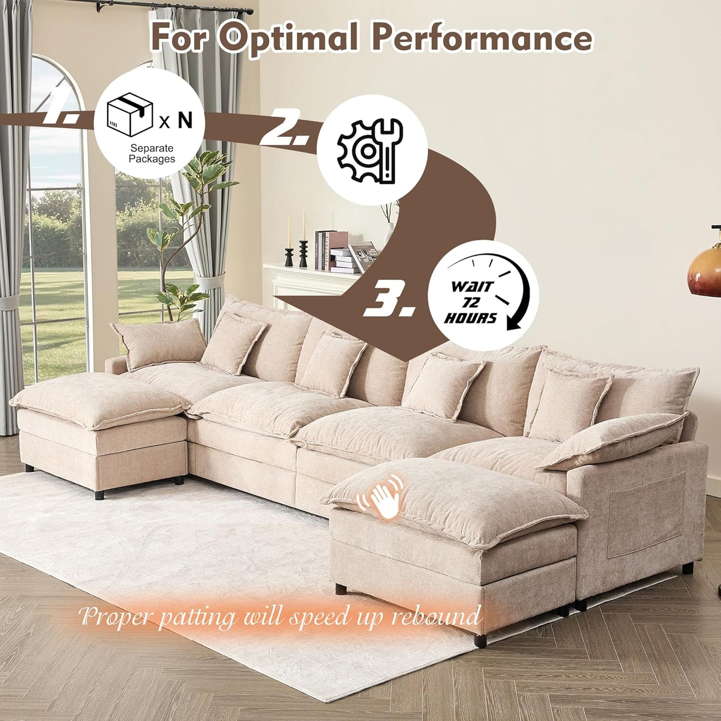 108 Inch U Shape Sofa, Sectional Sofa, Comfortable Cloud Sofa with Removable Footstool, Living Room Deep Seat Sofa, Linen, Beige
