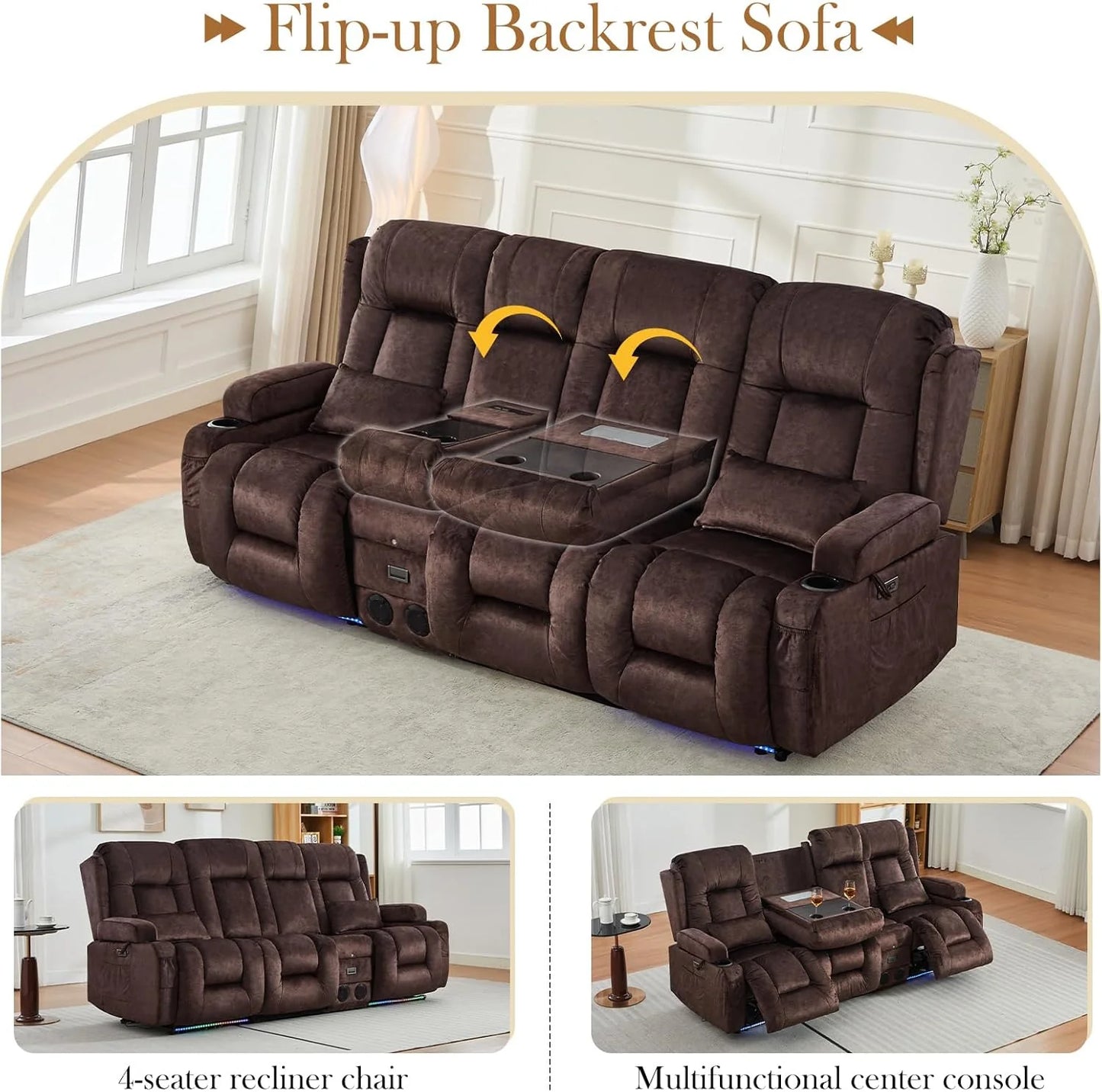 TUNYI Power Loveseat Recliner Sofa with Massage & Heat Home Theater Seating with Console Electric Recliner RV Sofa with USB/Outlet/Storage/Side Pocket/LED Light/Speaker (Brown, Loveseat)