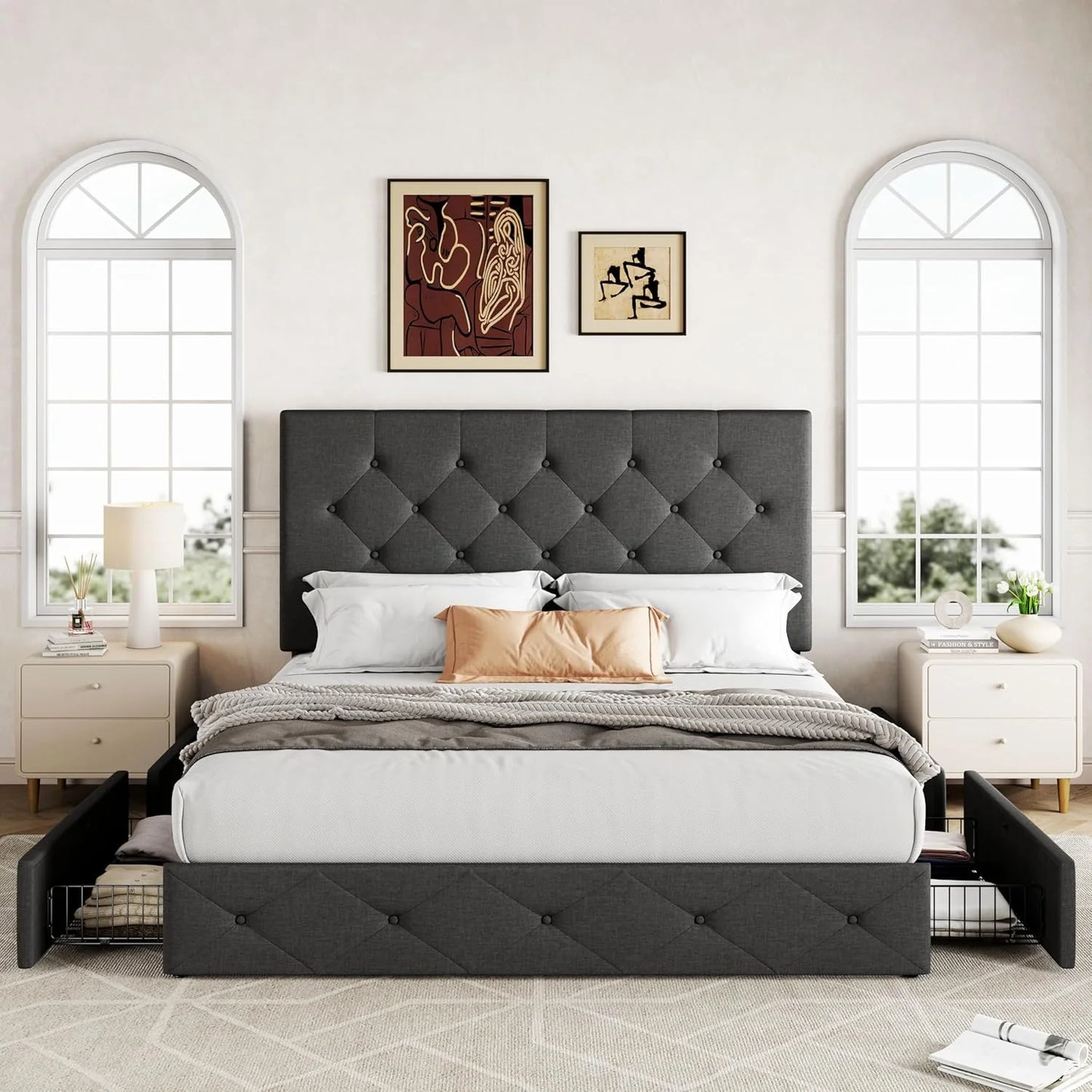 Allewie Upholstered Queen Size Platform Bed Frame with 4 Storage Drawers and Headboard, Square Stitched Button Tufted, Mattress Foundation with Wooden Slats Support, No Box Spring Needed