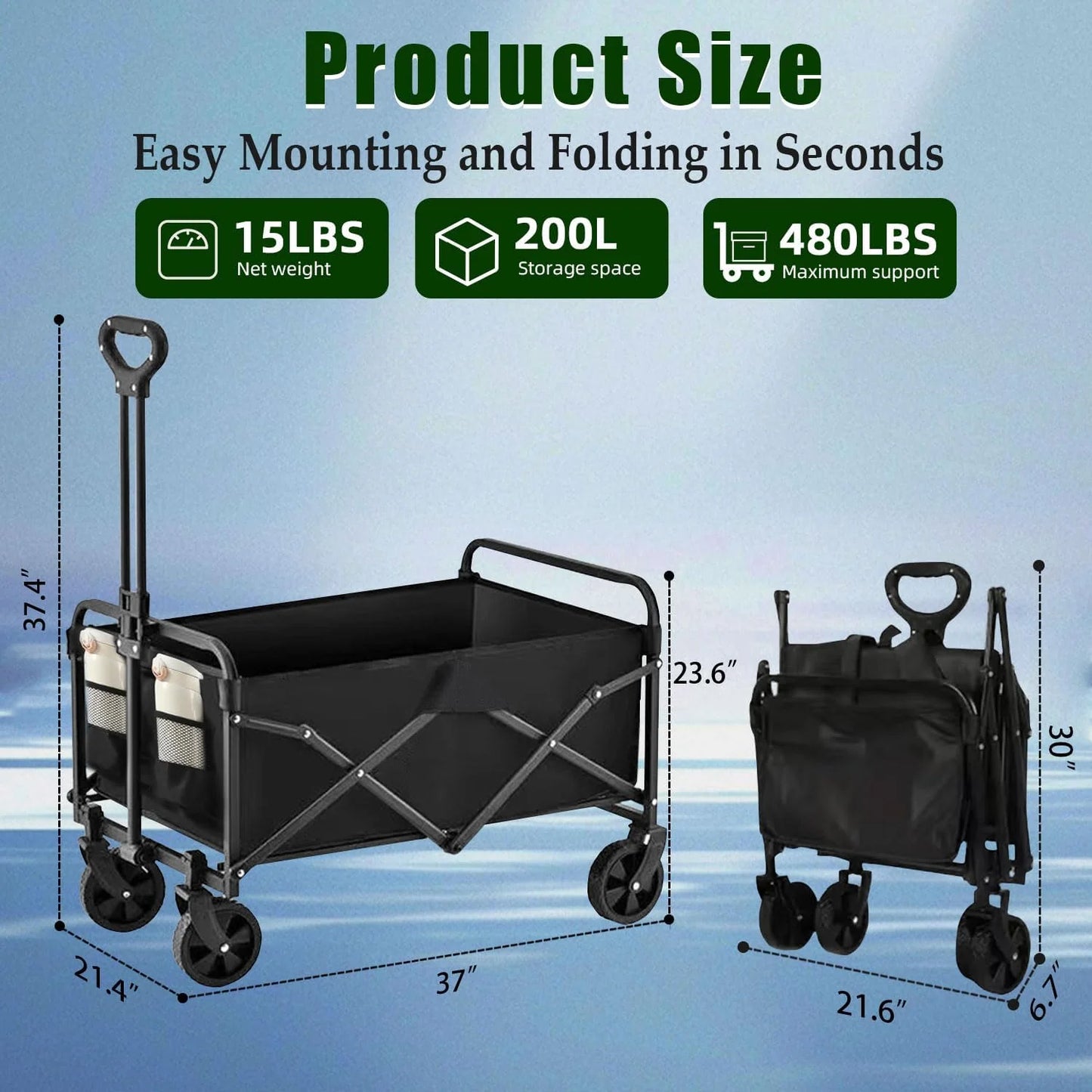 Foldable 4-wheel cart, foldable, 37 inches long, 480 lb capacity, heavy-duty beach cart, shopping cart with wheels