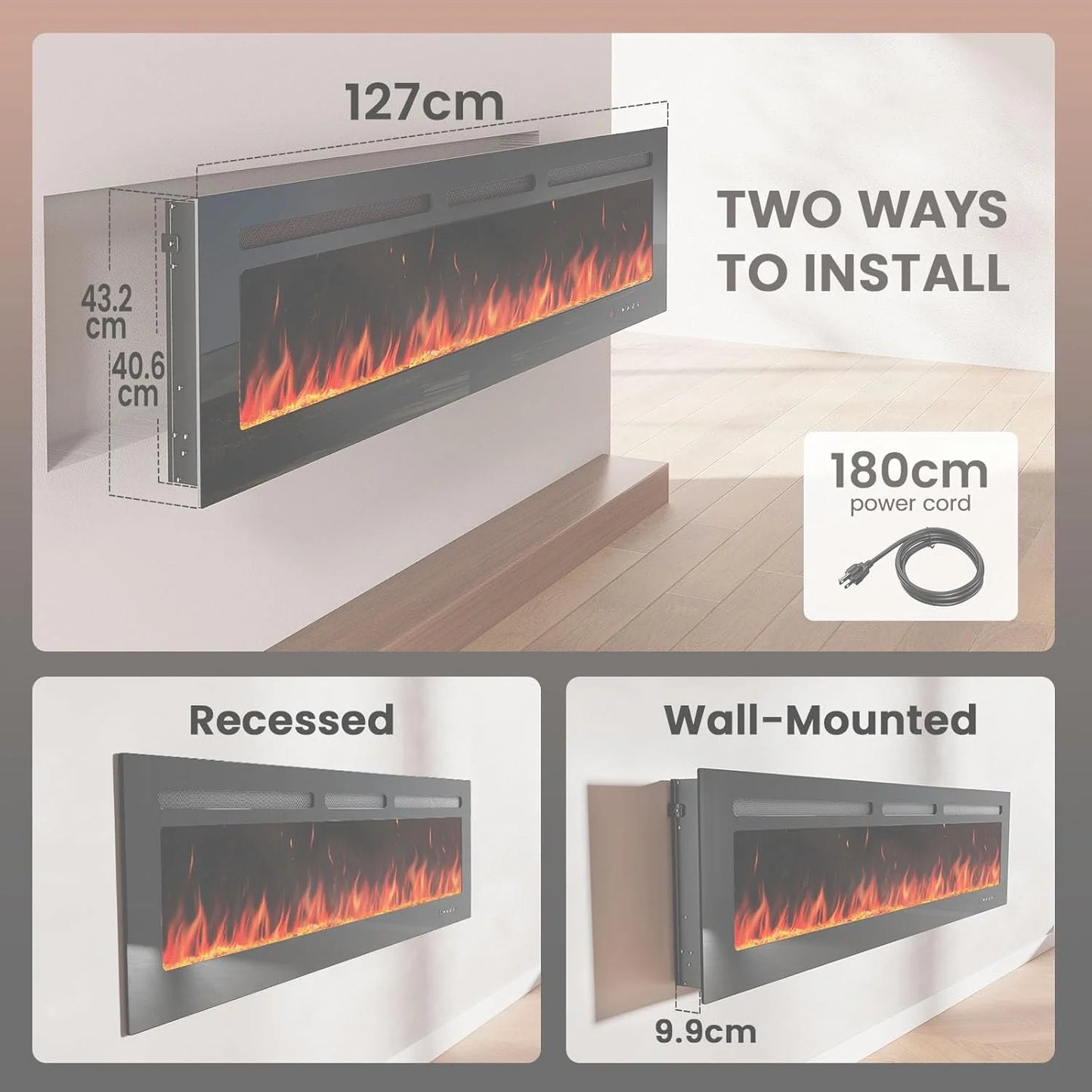 50" Smart Electric Fireplace 5300 BTU Heat Output, Ultra-Slim Wall-Mount or Built-In Electric Fireplace