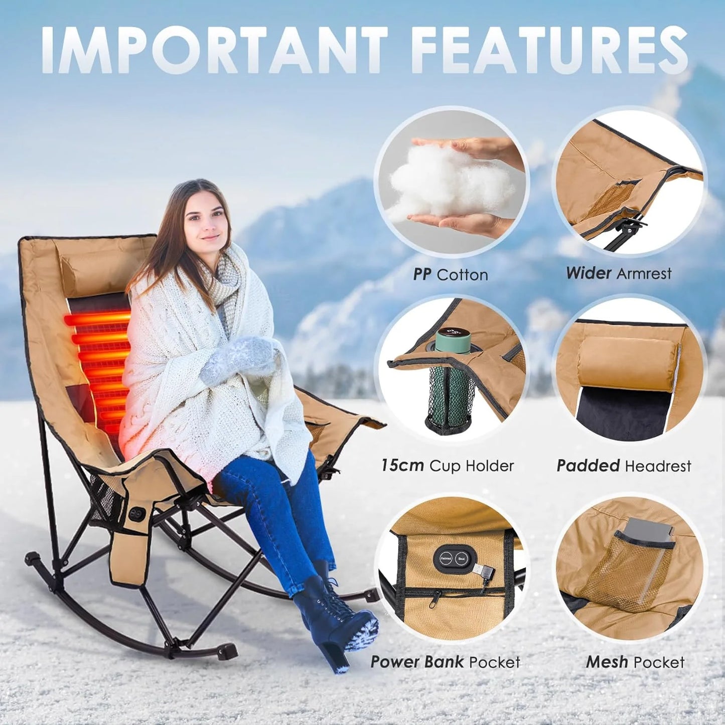 Heated Camping Chair, Extra Large Heated Chair Outdoor Sports Chair with 3 Heat Levels on Back and Seat, Portable Folding Heated Outdoor Chair (Batteries Not Included)